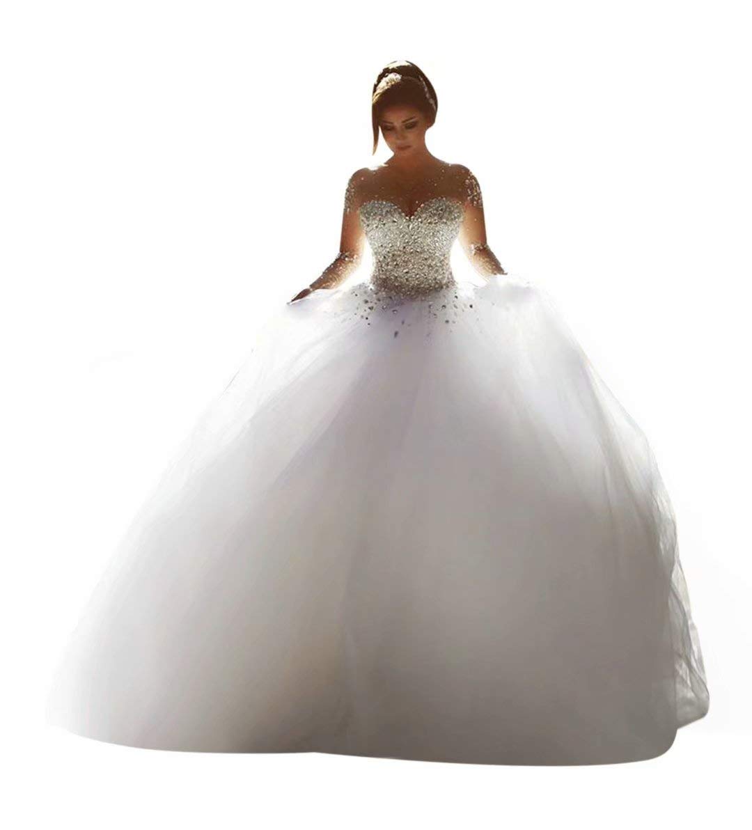 ScelleBridal 2016 Pearl Beaded Long Sleeve Ball Gown Wedding Dress for Bride - Perfect for Church Ceremonies, Formal Receptions & Vintage Theme Weddings