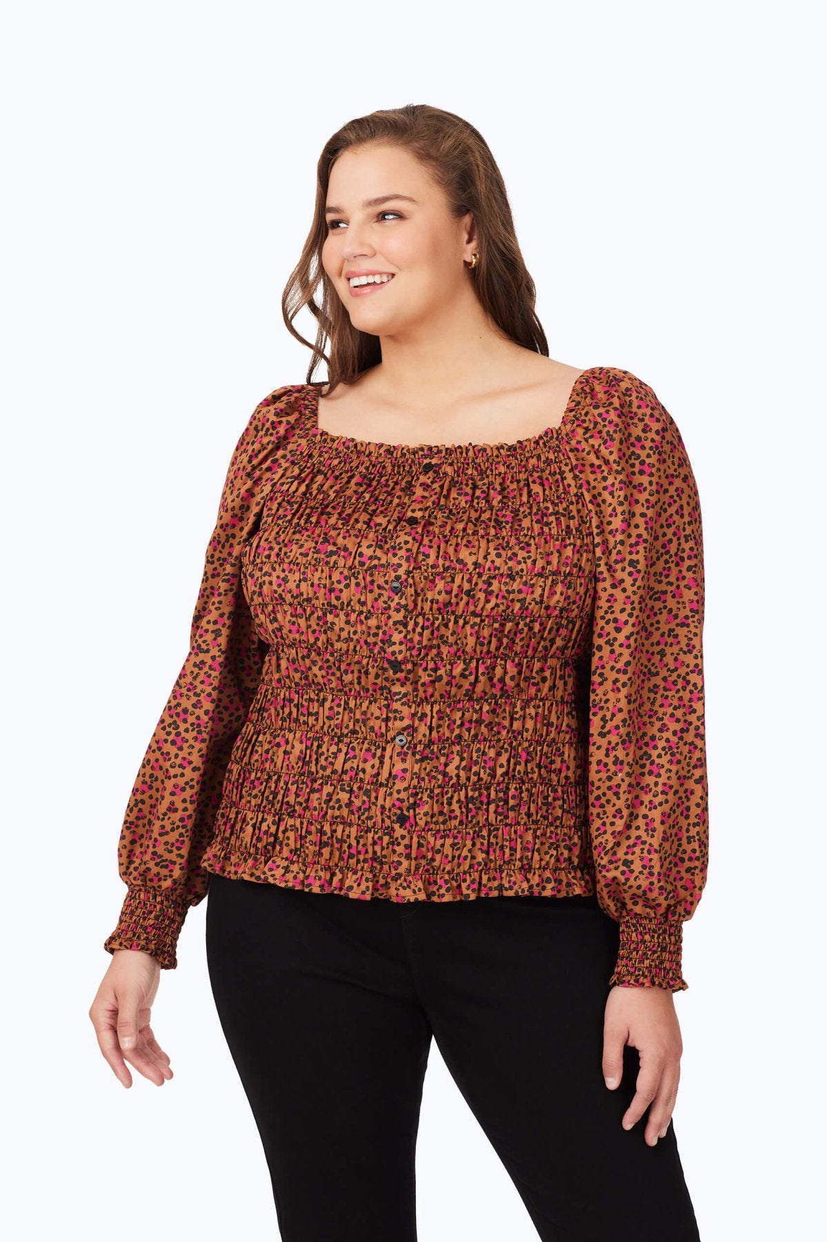 Plus Size Smocked Wild Cheetah Print Long Sleeve Blouse for Women - Elegant Office Wear & Casual Outfits