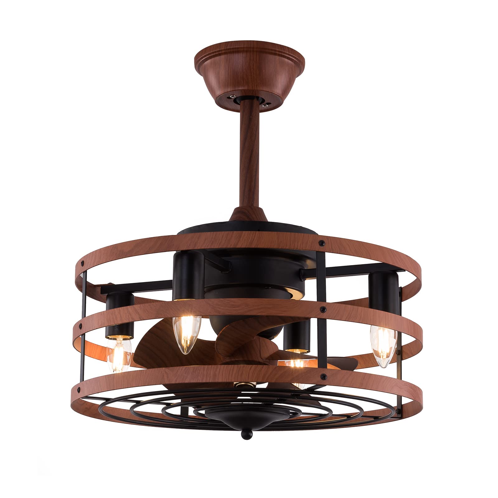 18 Inch Rustic Farmhouse Ceiling Fan with Lights & Remote Control - Wooden Rings Framed Modern Design for Small Bedroom (Down Rod Mount, Brown) | Perfect for Home, Office, and Indoor Spaces