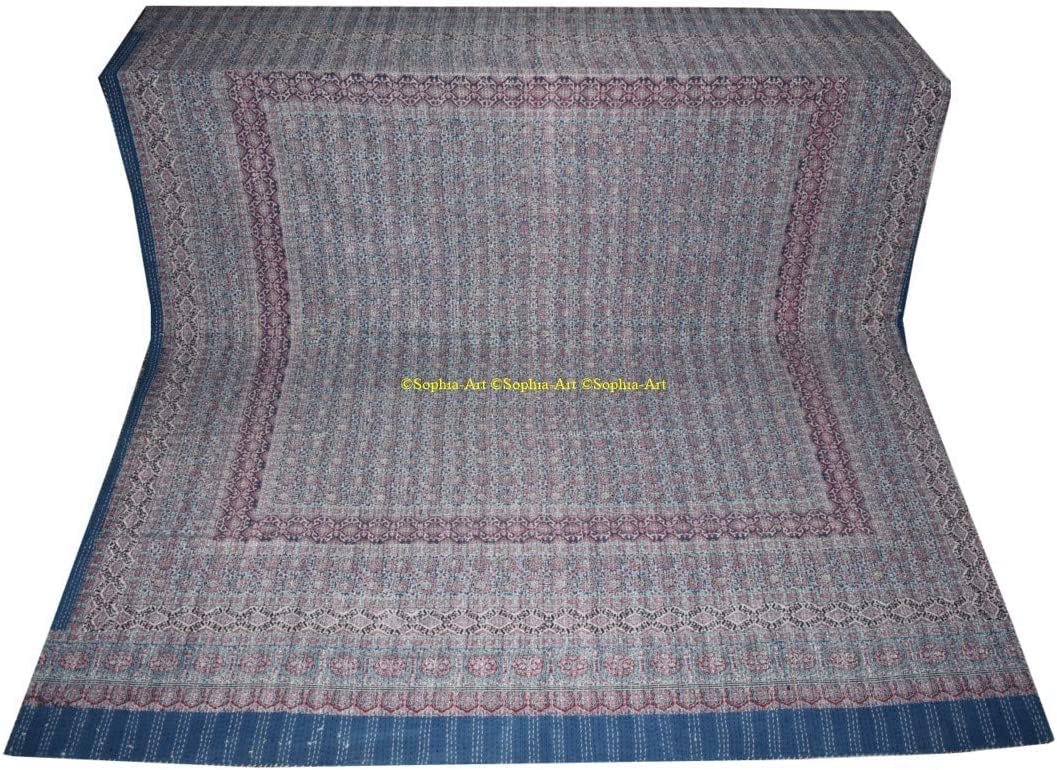Sophia-Art Handmade Indian Kantha Quilt - Reversible Cotton Sari Bedspread with Ajrakh Block Print | Boho Chic Bed Cover for Master Bedroom, Guest Room & Dorm Decor | Traditional Hand-Stitched Gudri Ralli Quilted Throw Blanket