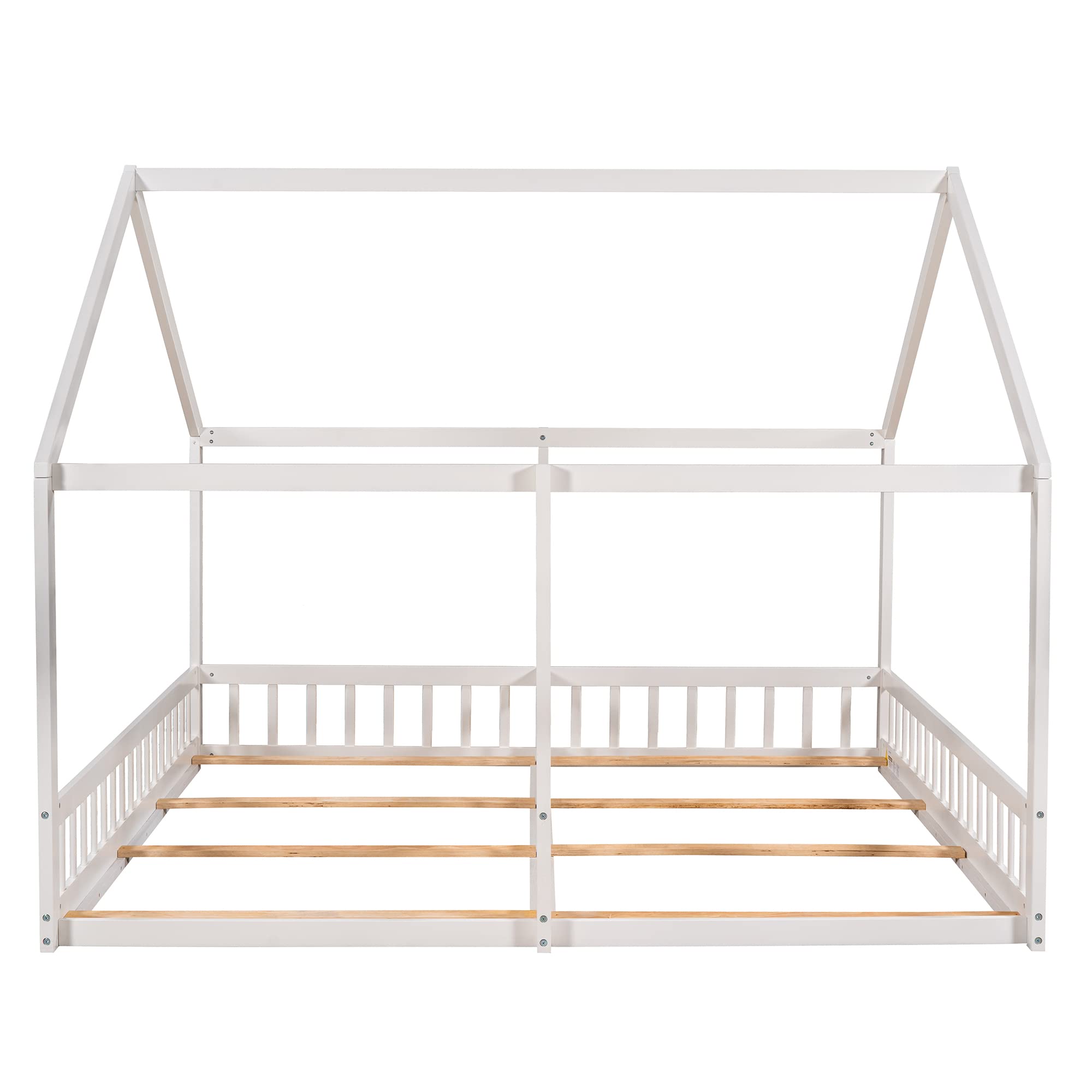 Harper & Bright Designs Solid Wood Twin House Bed with Rails & Roof - Montessori Floor Bed Frame for Kids, Teens, Boys & Girls - Perfect for Bedrooms, Playrooms & Montessori Classrooms (White)