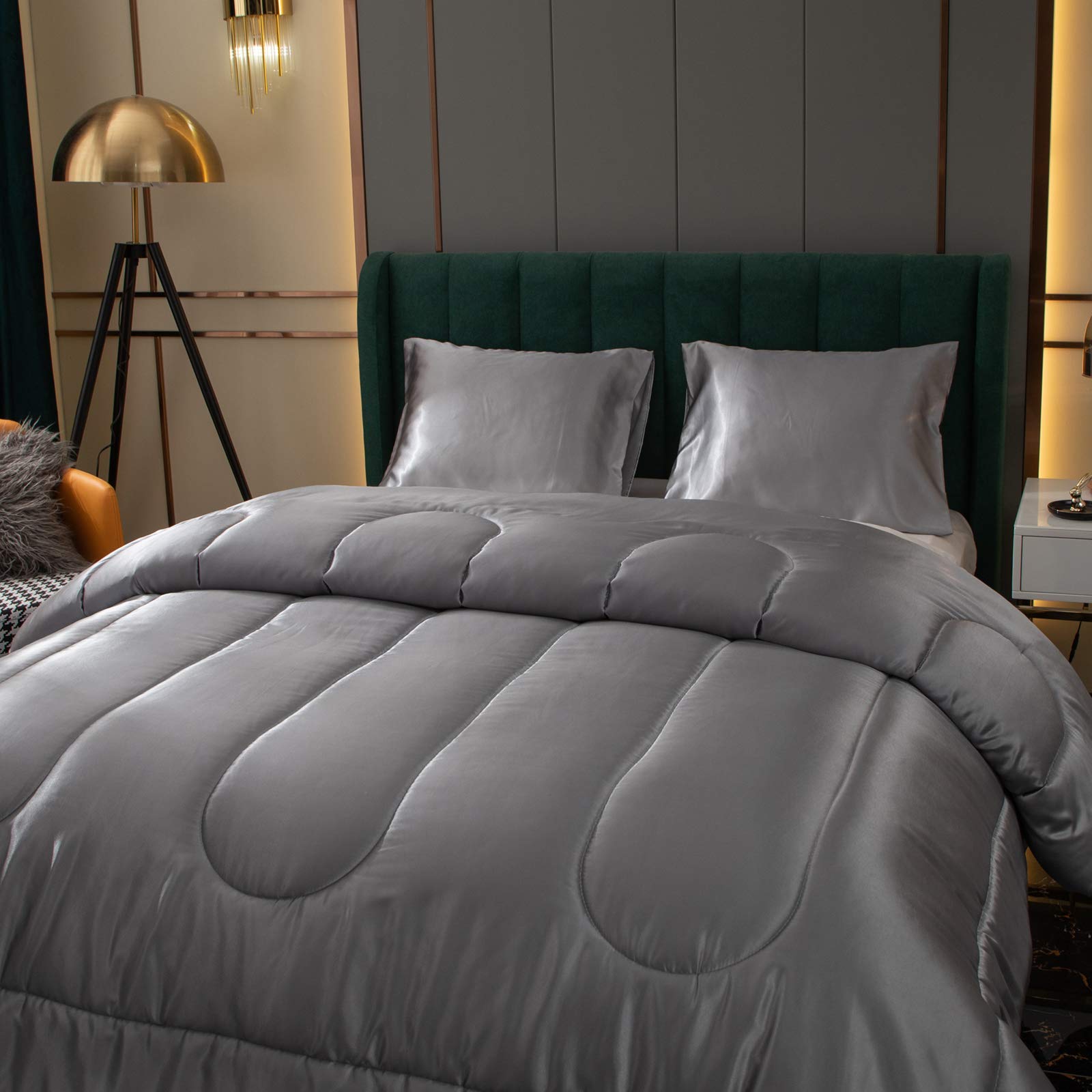 Luxury Satin Comforter Set Queen Size - Soft Grey Silky Bedding with 2 Pillowcases for Ultimate Comfort | Perfect for Master Bedroom, Guest Room & Cozy Nights