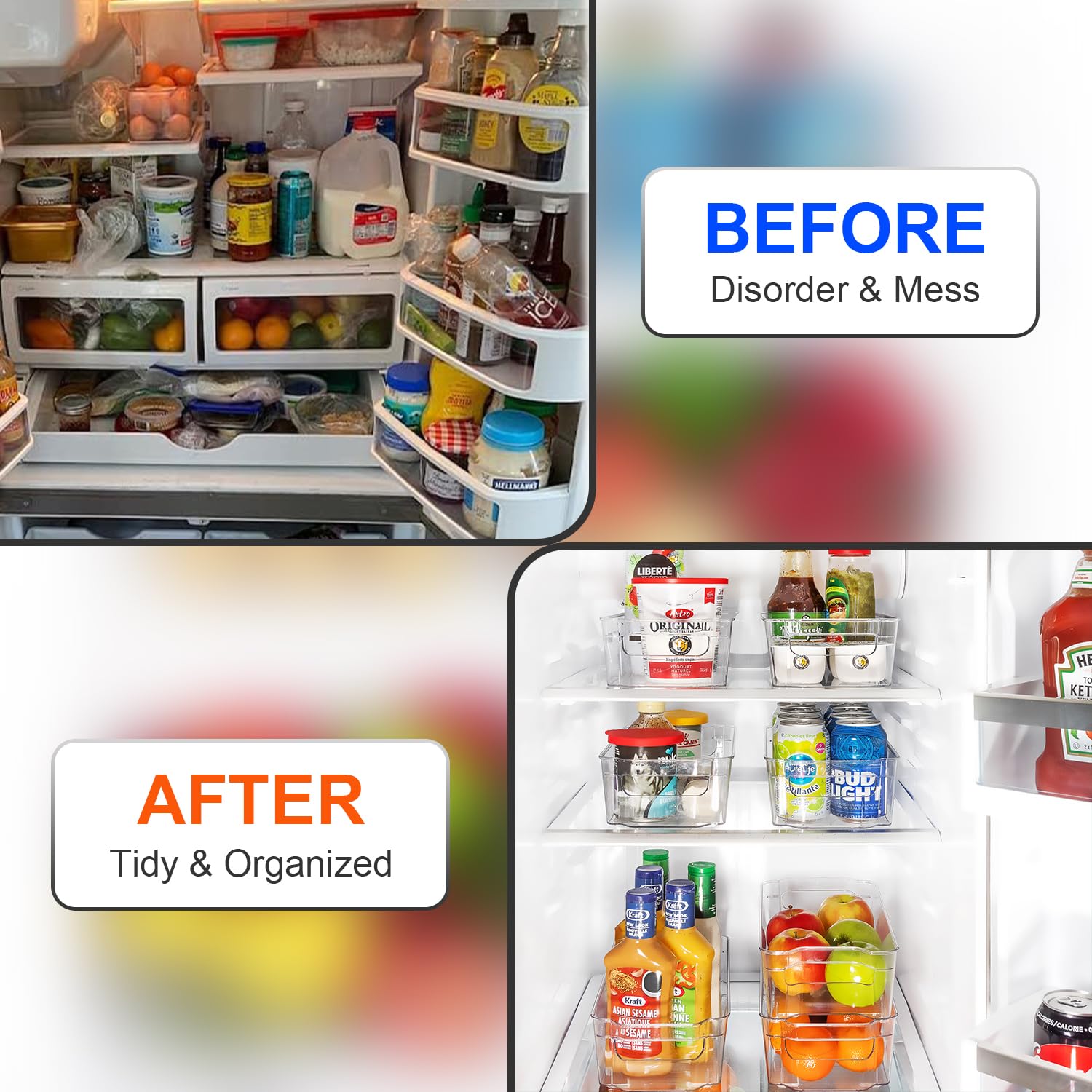 JINAMART Clear Plastic Pantry Organizer Set of 4 - Stackable Fridge Storage Containers for Vegetables, Fruits & Leftovers - Refrigerator Organizer Bins for Kitchen Cabinet & Countertop Storage