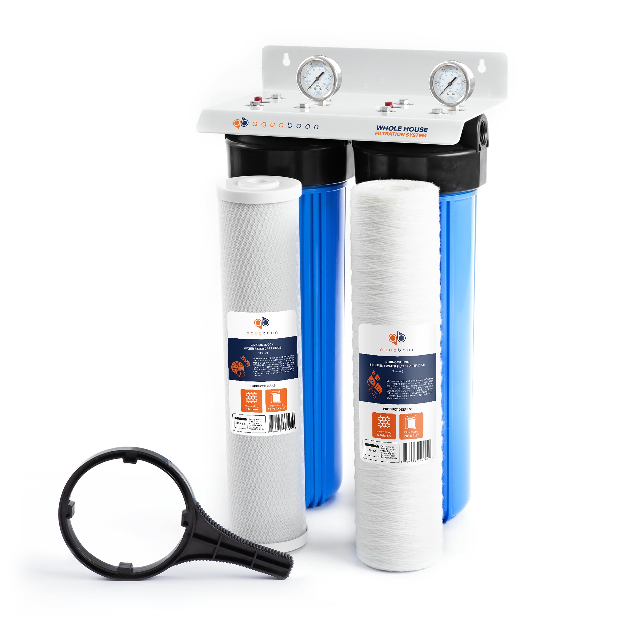 Aquaboon 2-Stage Whole House Water Filtration System with 20x4.5 CTO & String Wound Filter Cartridges | Includes Wrench, Bracket, Release Valve & Pressure Gauges | Perfect for Well Water, City Water & Home Water Treatment