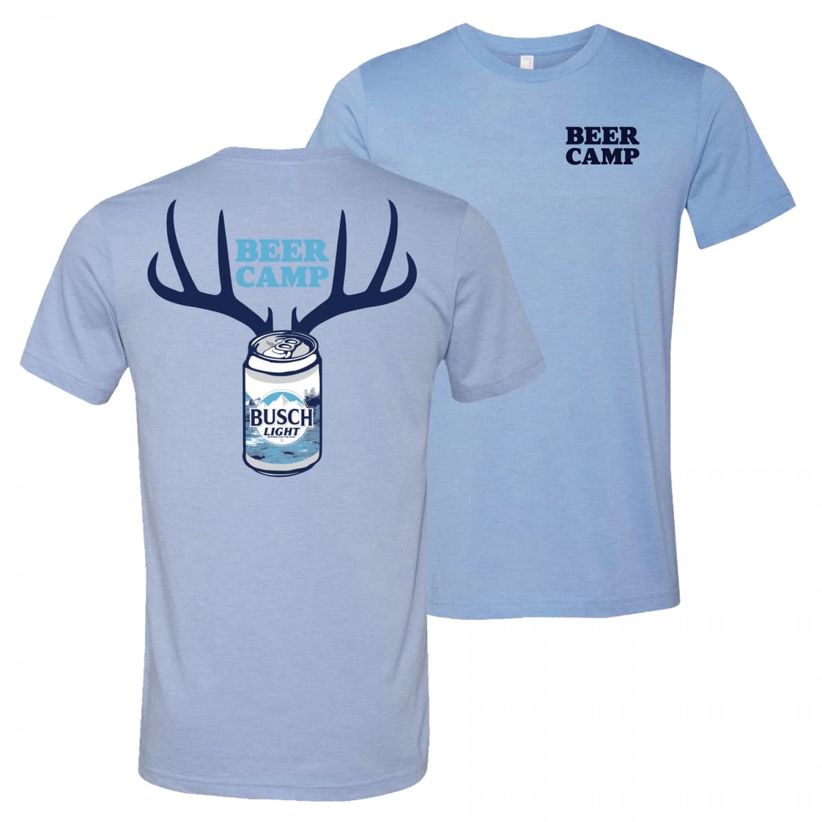 Busch Light Beer Hunting Camp Graphic T-Shirt - Blue Front & Back Print - Perfect for Hunting Trips, Outdoor Adventures & Casual Wear