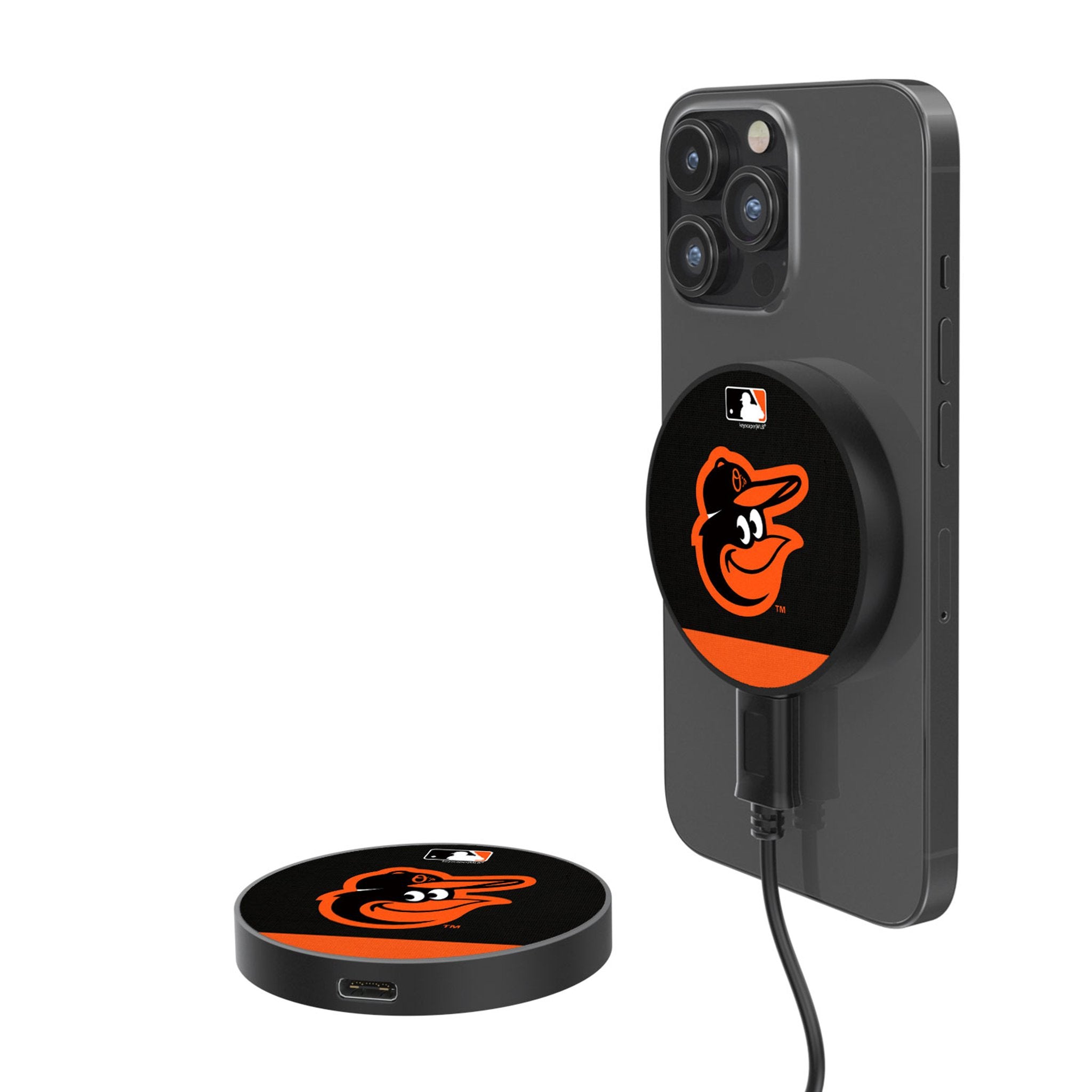 Baltimore Orioles Stripe 15W Fast Wireless Magnetic Charger - Perfect for iPhone & Android Phones at Home, Office, or Travel
