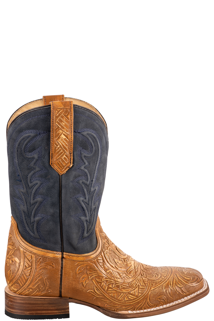 Stetson Men's Handcrafted Goat Leather Cowboy Boots - Tan & Blue - Western Style for Rodeo, Country Music Festivals & Outdoor Adventures