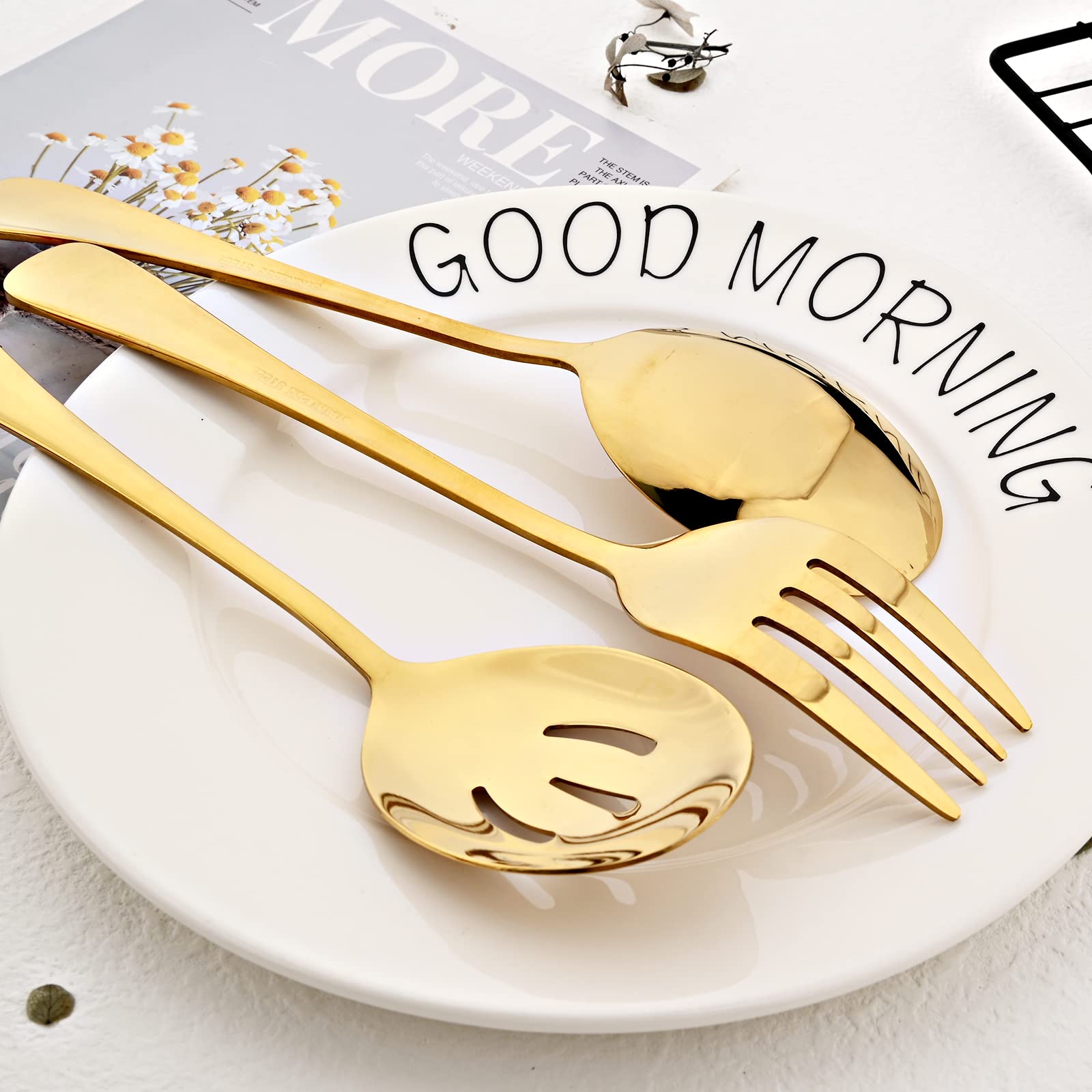 Premium 5-Piece Stainless Steel Flatware Serving Set - Gold Hostess Silverware with Cake Server, Slotted Spoon, Meat Fork & Soup Ladle - Dishwasher Safe - Perfect for Dinner Parties, Buffets & Formal Dining