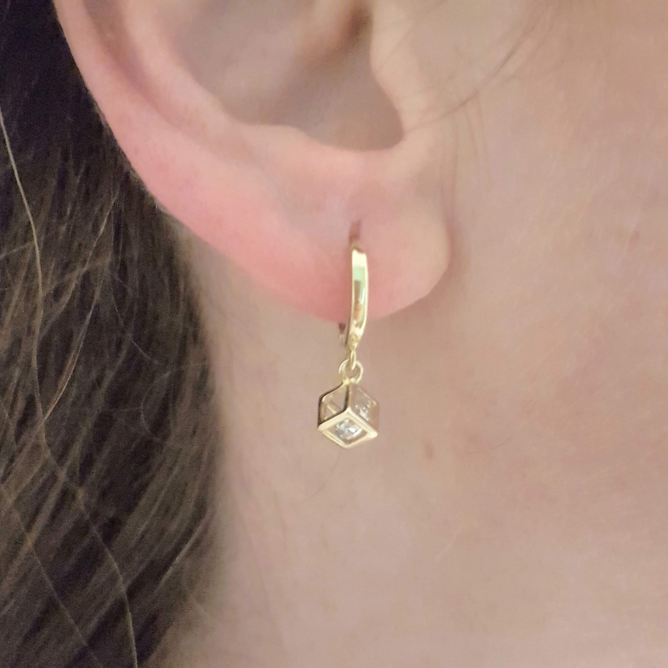 14K Solid Gold Dangle Drop Earrings for Women | Cubic Zirconia CZ Moving Inside | Elegant Party, Wedding & Evening Wear Jewelry