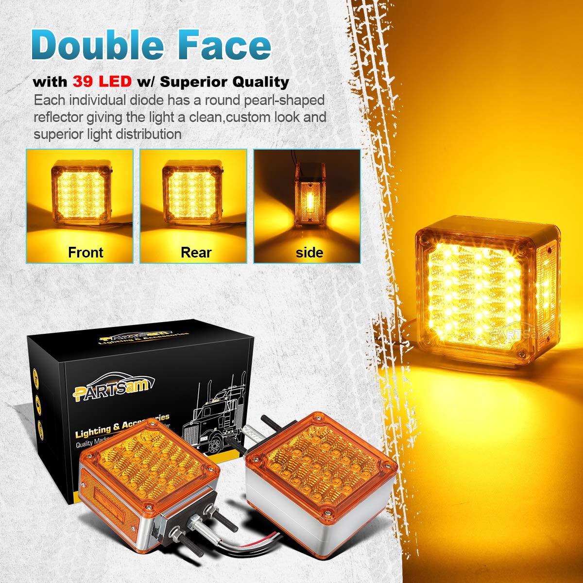 Partsam 39 LED Amber/Amber Double Face Truck Turn Signal Lights - Stud Mount Fender & Side Marker Lights for Heavy Duty Trucks, Trailers (Freightliner, Peterbilt, Mack, Western Star) - Durable Safety Lighting for Night Driving & Road Visibility
