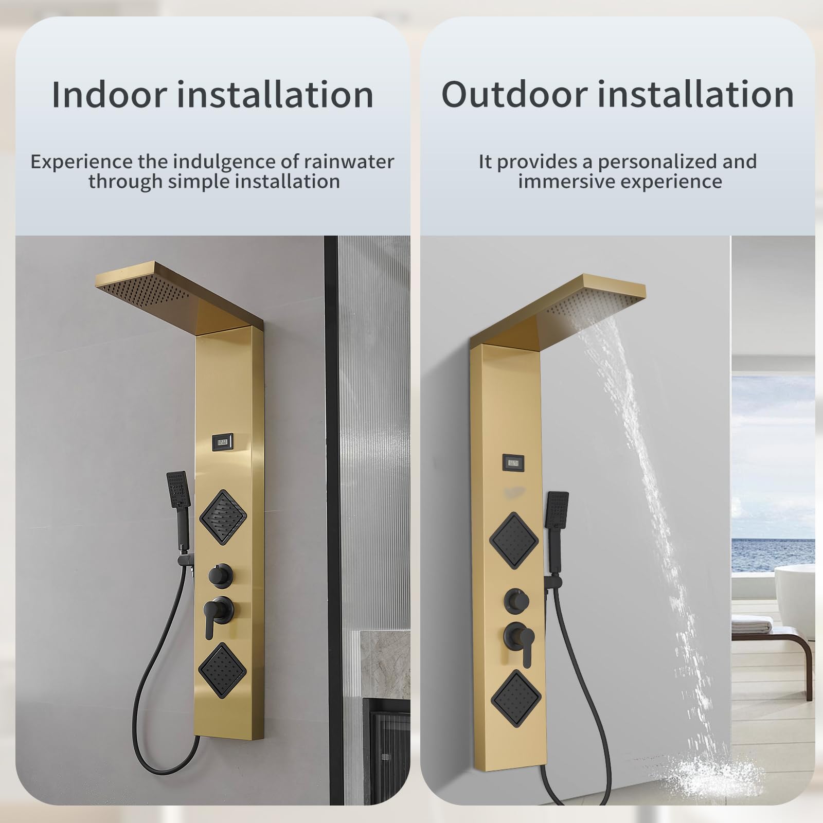 Brushed Gold Shower Panel System with Massage Body Jets - Adjustable Stainless Steel Stand Shower Column Wall Mount - Luxury Bathroom Upgrade for Spa-Like Experience