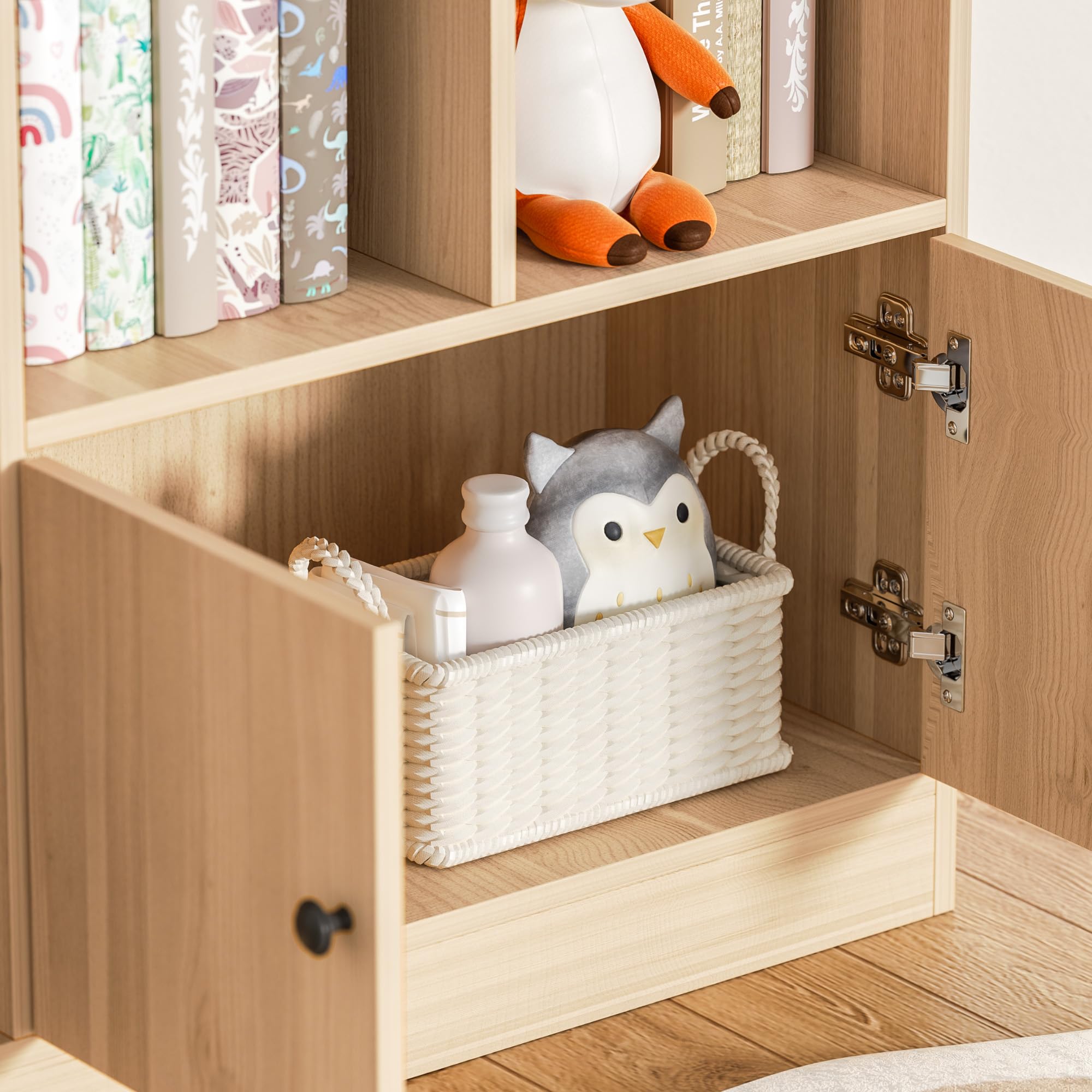 Oak Kids Bookshelf - 11 Cubbies & 2 Cabinets Book Storage Organizer for Children's Bedroom, Playroom, Nursery & Hallway | Durable Freestanding Bookcase for Toys, Storybooks & School Supplies