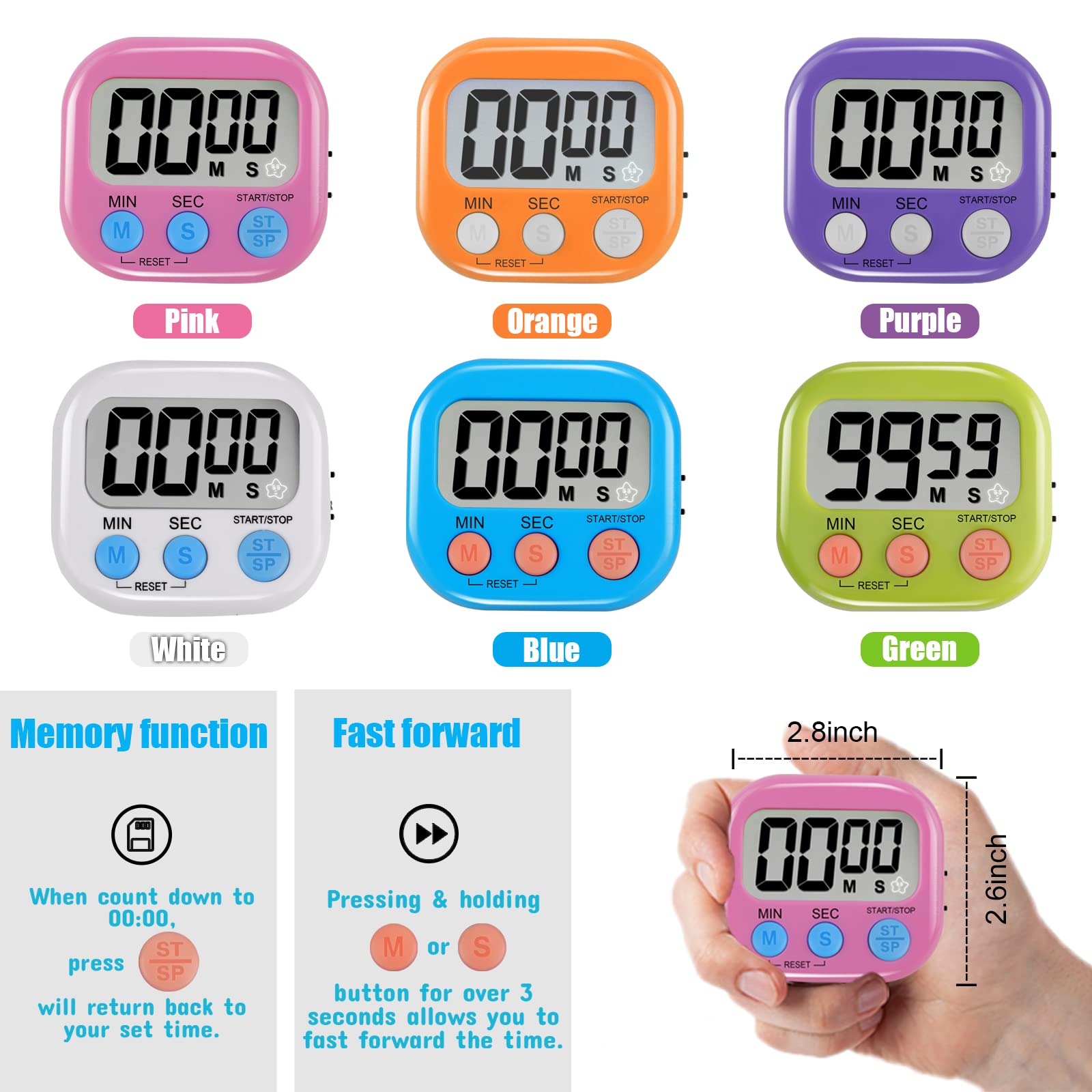 6 Pack Multi-Function Digital Timer with Magnetic Back - Large LCD Display, Loud/Silent Switch, Countdown Function for Kitchen, Gym, Office, Classroom & Home Use