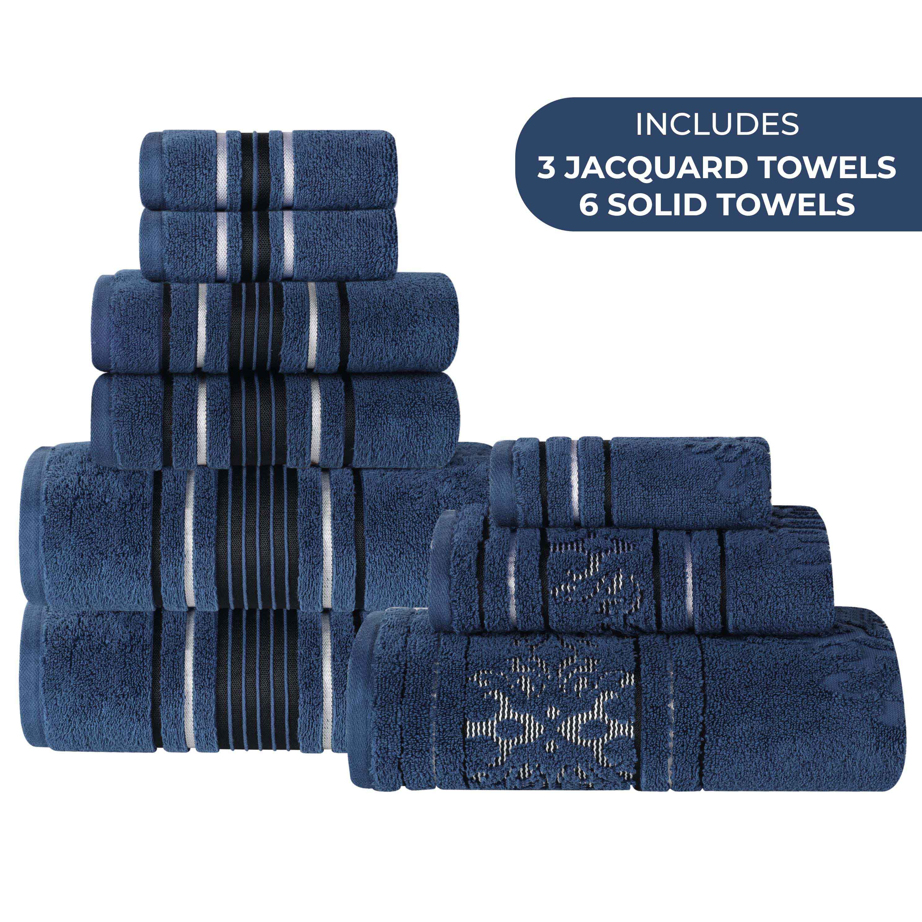 Sadie 9-Piece Zero Twist Cotton Towel Set - Solid & Jacquard Floral Bath Towels, Hand Towels & Washcloths - Soft & Absorbent for Bathroom, Spa & Guest Room