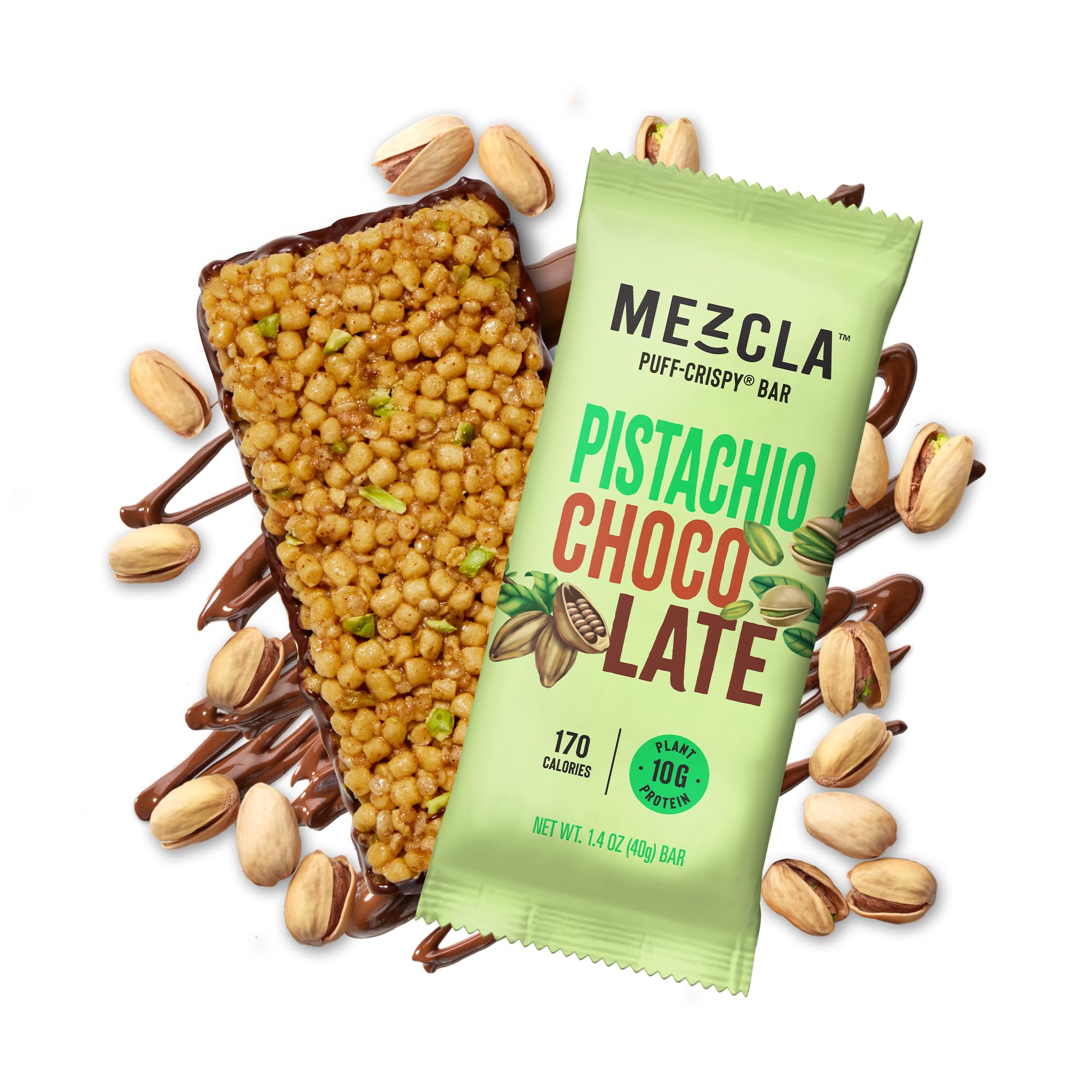 Mezcla Puff-Crispy Protein Bar - Pistachio Chocolate Flavor | Vegan, Gluten Free, Plant-Based Protein Energy Snack | Perfect for Post-Workout Recovery, Healthy On-The-Go Breakfast & Keto Diet