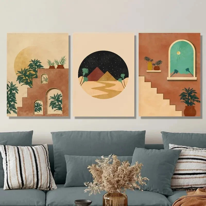 3-Piece Abstract Cityscape Metal Wall Art - Moroccan Burnt Orange - Ready to Hang Prints - Perfect for Living Room, Bedroom & Office Decor