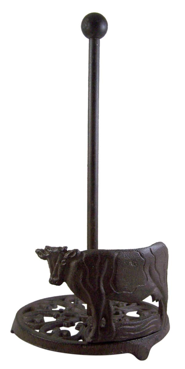 13 Inch Cast Iron Cow Paper Towel Holder - Rustic Farmhouse Kitchen Decor for Country Style Homes & Restaurants