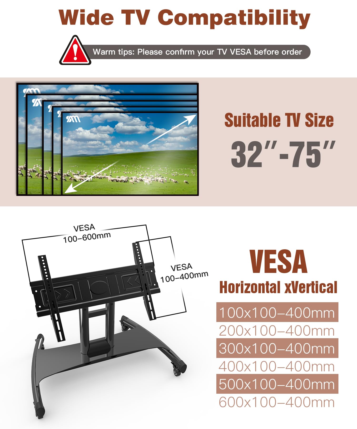 Adjustable Rolling TV Stand for 32-75 Inch Flat Screen TVs - Mobile Floor TV Cart with Wheels, Low Profile Design, Height & 90° Viewing Angle Adjustment, Supports VESA 600x400mm & 100lbs - Perfect for Living Rooms, Bedrooms, and Home Theaters