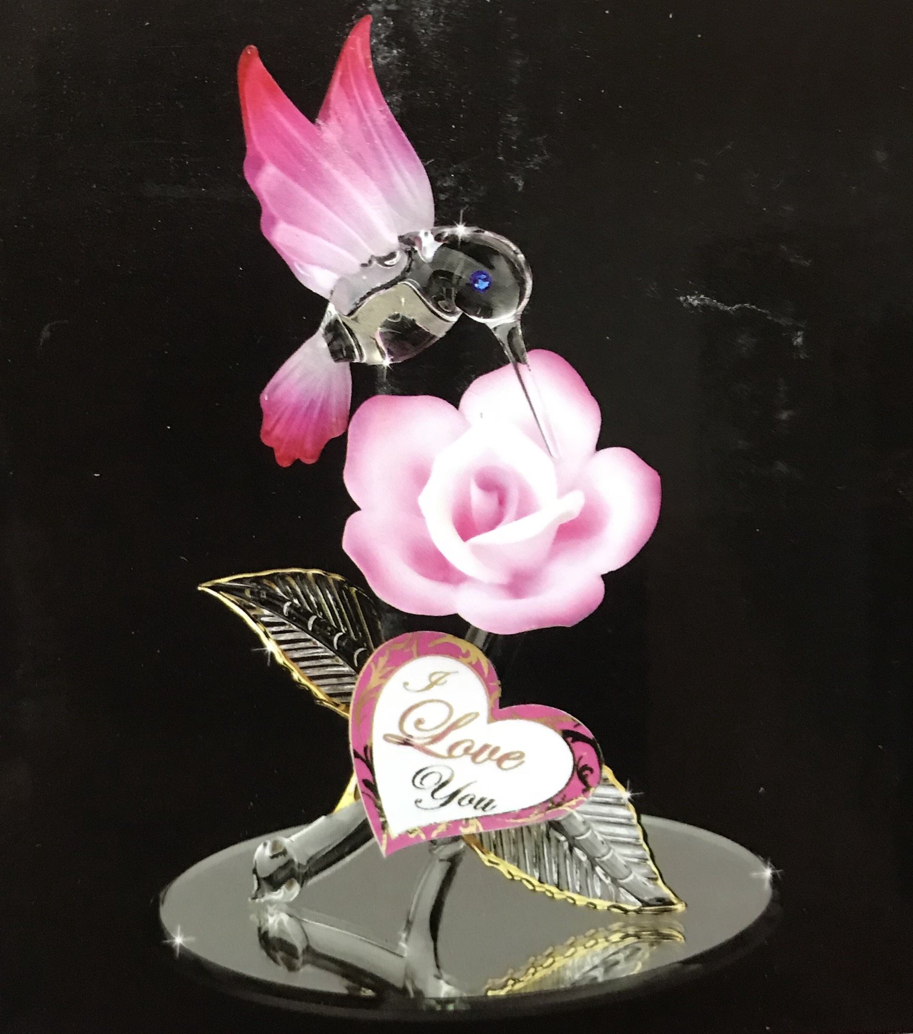 Glass Baron Hummingbird Pink Rose 'I Love You' Figurine - Handcrafted Glass Art Gift for Anniversary, Valentine's Day & Home Decor