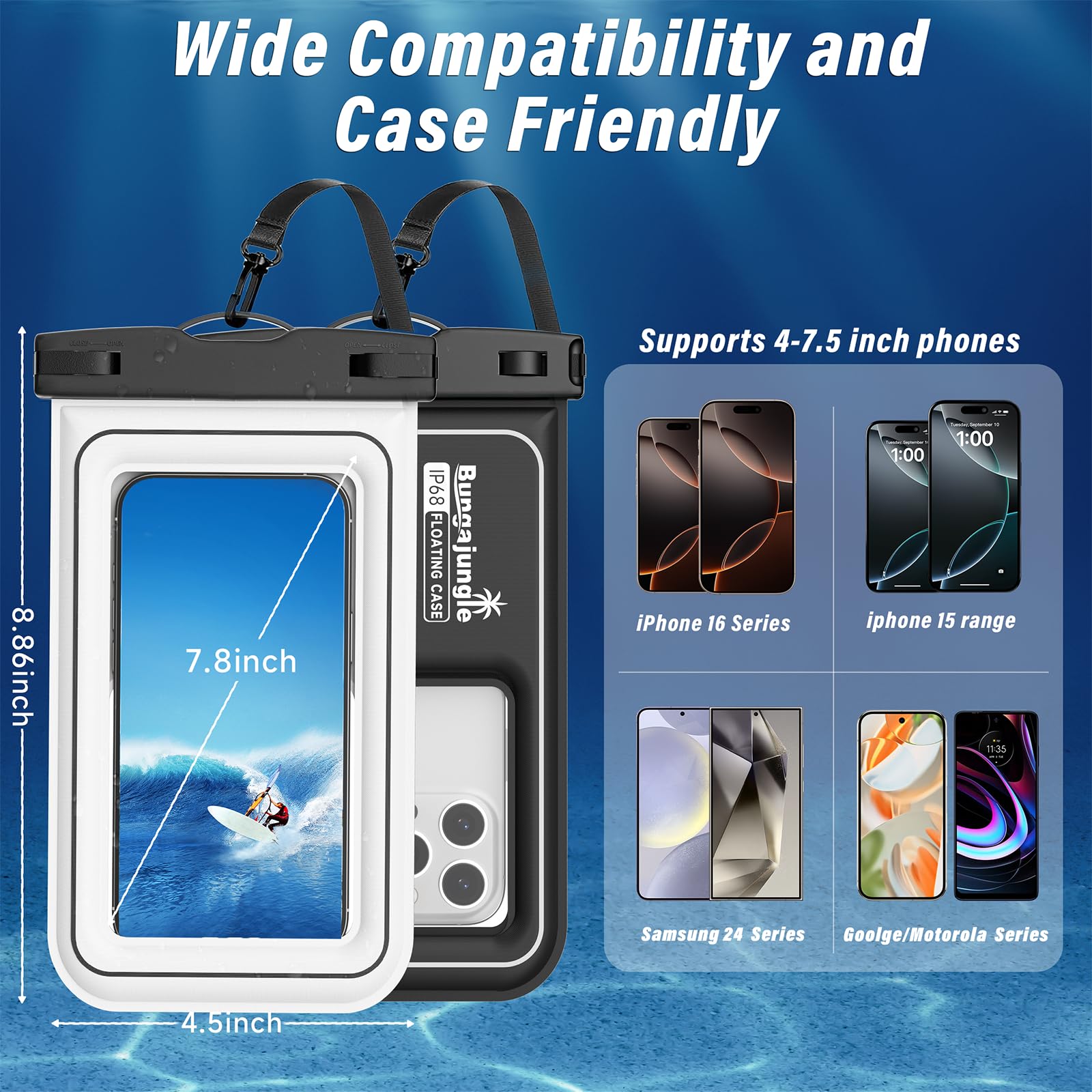 Waterproof Phone Pouch 2 Pack - IP68 Floating Dry Bag Case for iPhone 16 Pro Max/15 Pro & Galaxy S24/S23 with Adjustable Lanyard (Black & White) - Perfect for Beach, Swimming, Cruise, Kayaking and Water Sports