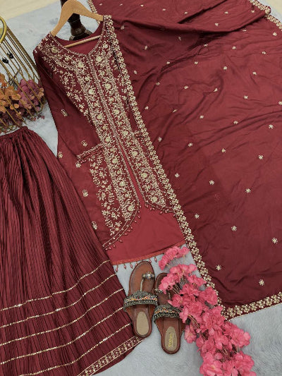 Elegant Maroon Chinnon Silk Sharara Palazzo Suit Set with Sequin Detailing for Women - Perfect for Weddings, Parties & Festive Occasions