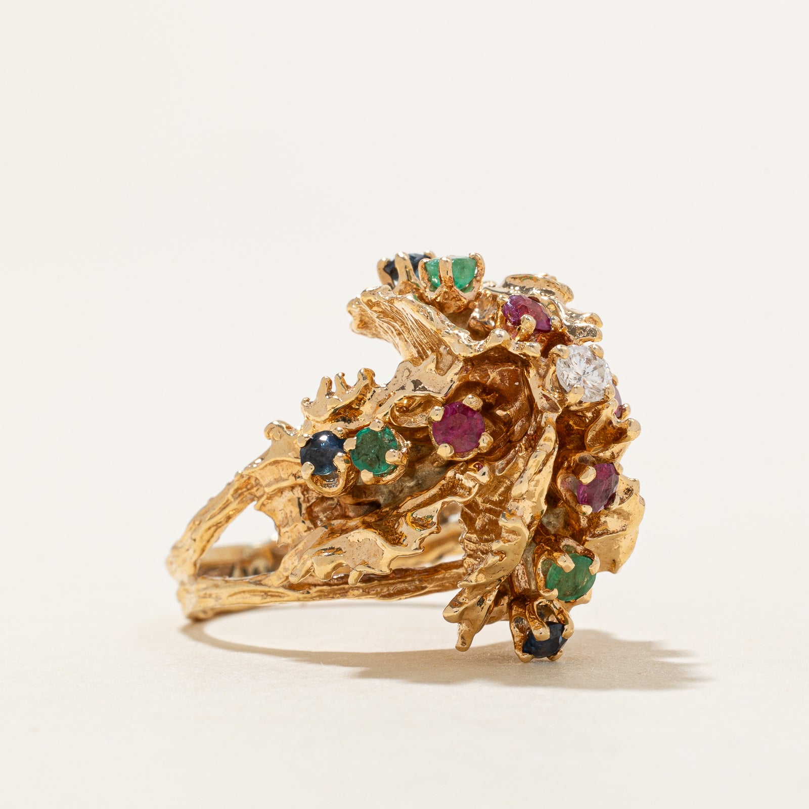 Multi Gemstone & Diamond Abstract Cocktail Ring - 0.80ctw Total Weight, 0.09ct Diamonds - Size 5.25 - Elegant Statement Jewelry for Evening Parties & Special Occasions
