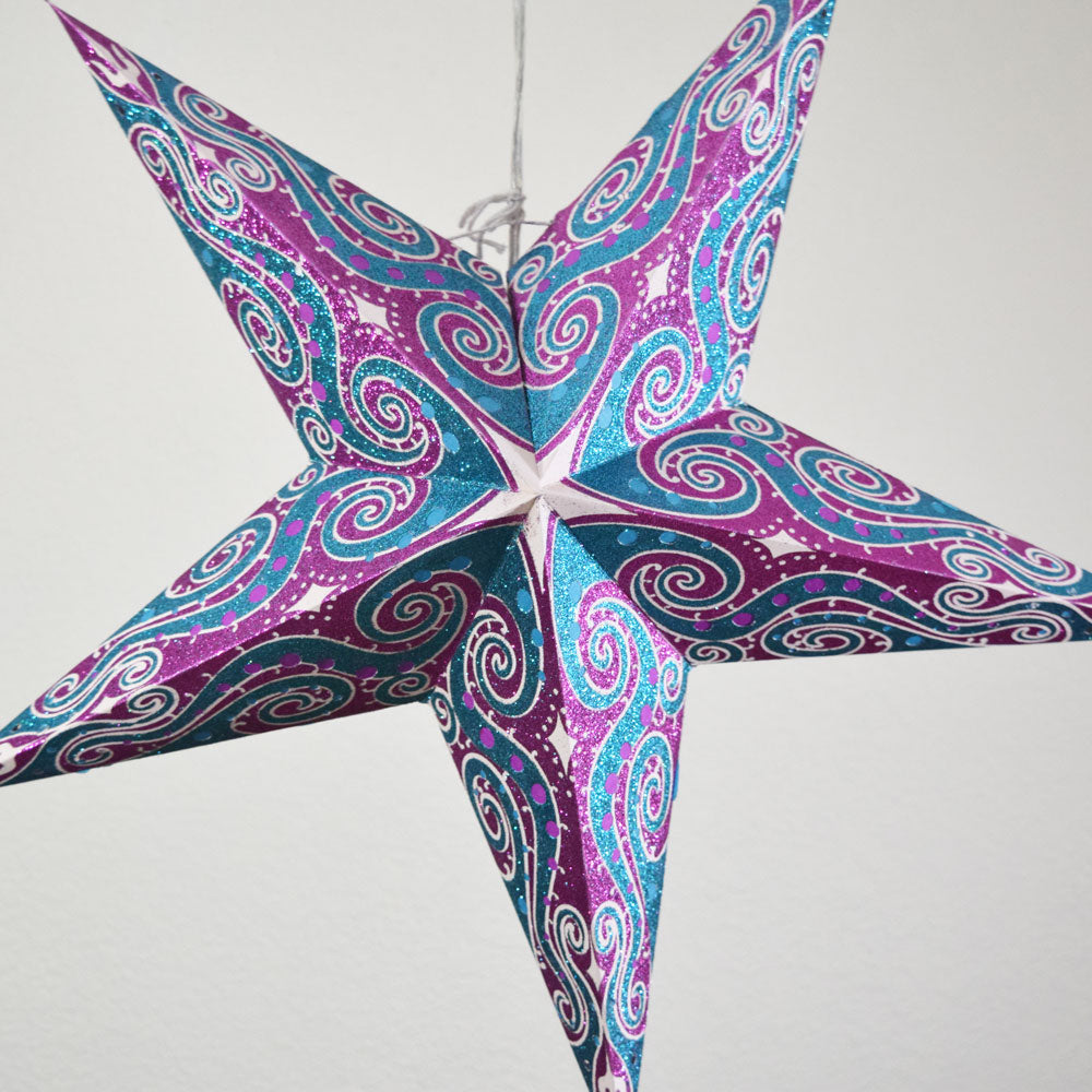 24 Pack Magenta Purple Pink Mouri Glitter Paper Star Lanterns - Hanging Party Decorations for Wedding, Birthday, Festival & Home Decoration