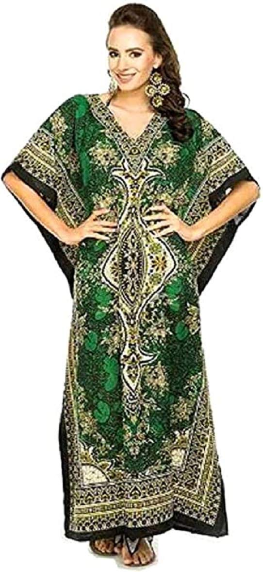 Floral Print Long Kaftan Dress for Women - Plus Size V-Neck Maxi Tunic Cover Up | Loungewear, Beachwear & Nightwear | Perfect for Poolside, Vacation & Relaxation at Home (Green)
