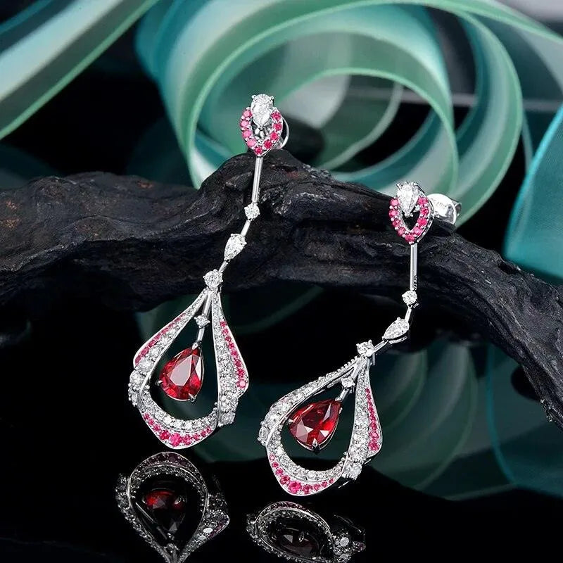 1.28ct Natural Pear-Shaped Red Ruby & White Diamond 18K White Gold Drop Earrings for Women | Elegant Dangle Earrings for Weddings, Parties & Special Occasions