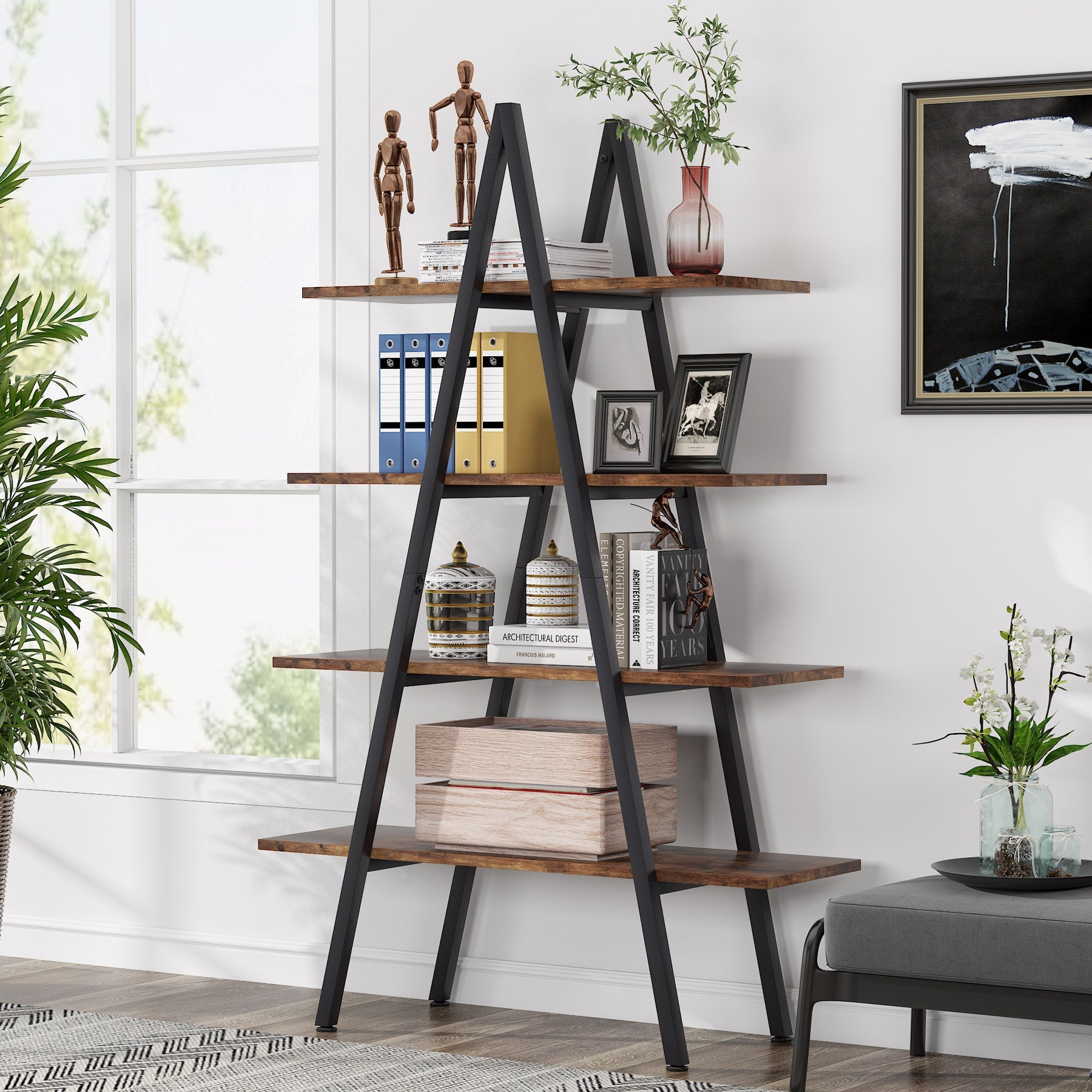4 Tier A-Shaped Industrial Ladder Bookshelf - Rustic Wood Bookcase for Home Office, Living Room & Bedroom Storage - Perfect for Displaying Books, Plants & Decorative Items