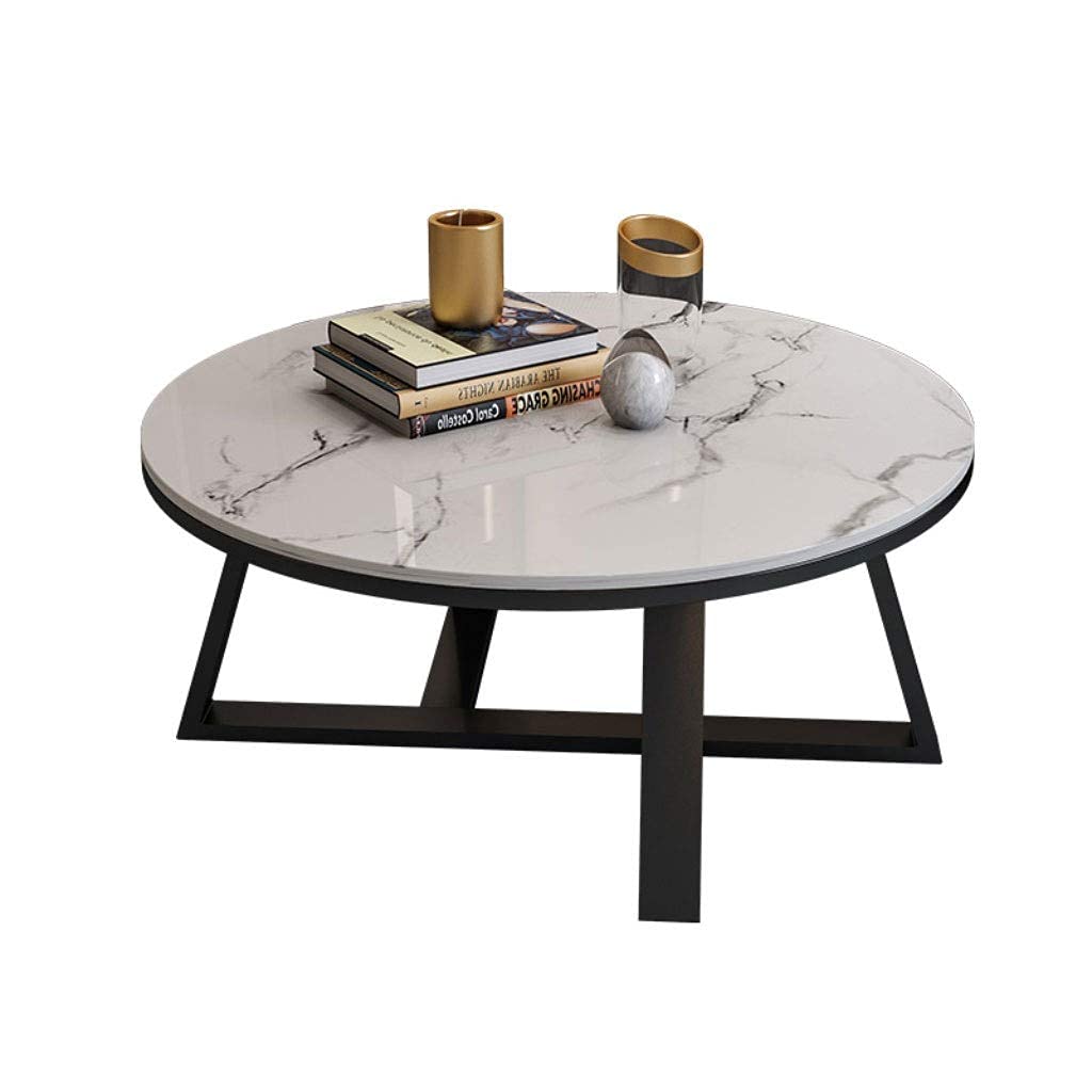 Modern Nordic Round Sofa Side Table with Marble Slate - Black & White Gold Tray Coffee Table for Small Apartment Living Room | Perfect for Holding Drinks, Books & Decor in Compact Spaces
