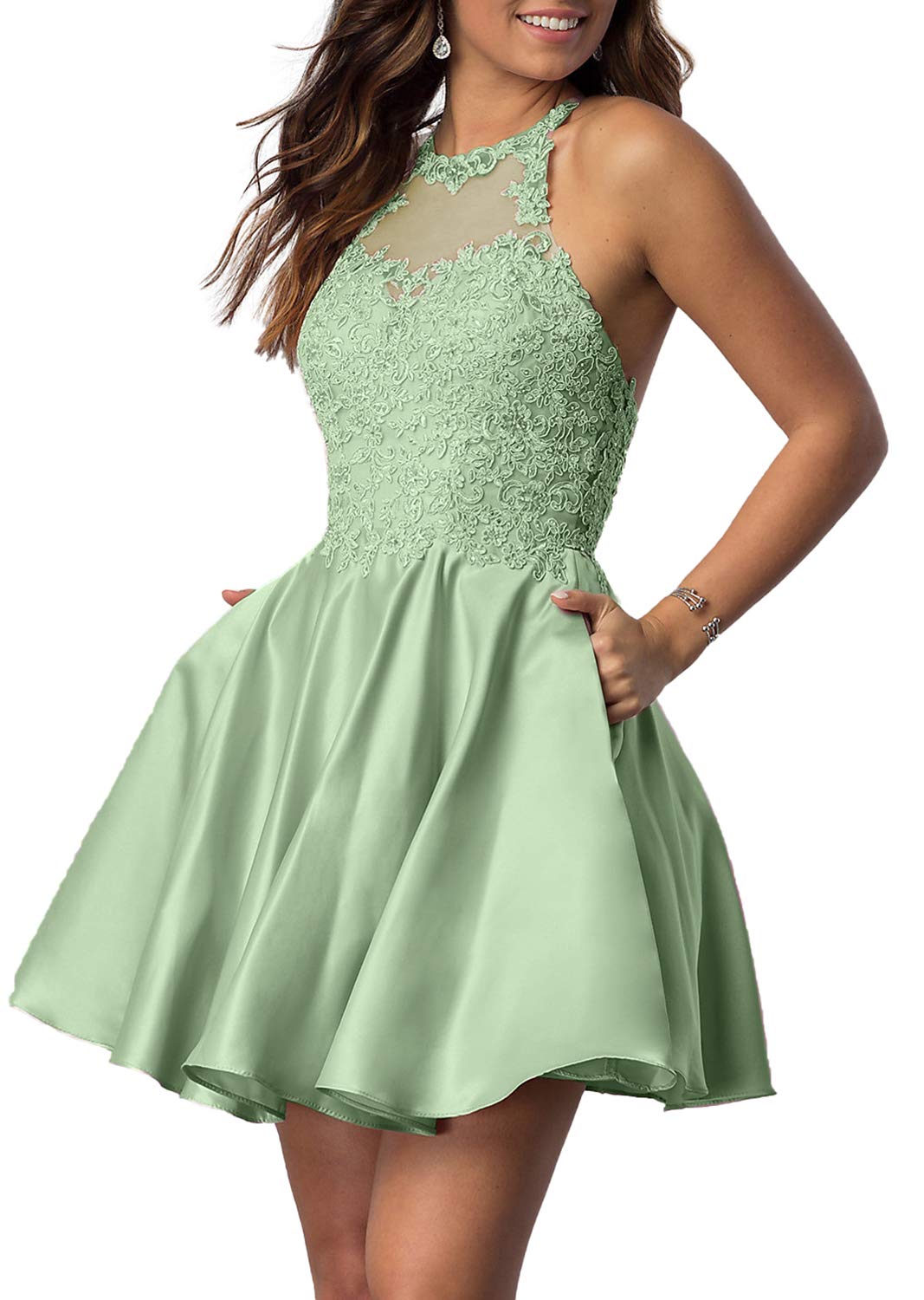 Junior's Lace Halter Neck Homecoming Dress with Pockets - Elegant Short Prom Dress for Women - Perfect for School Dances, Parties & Special Occasions