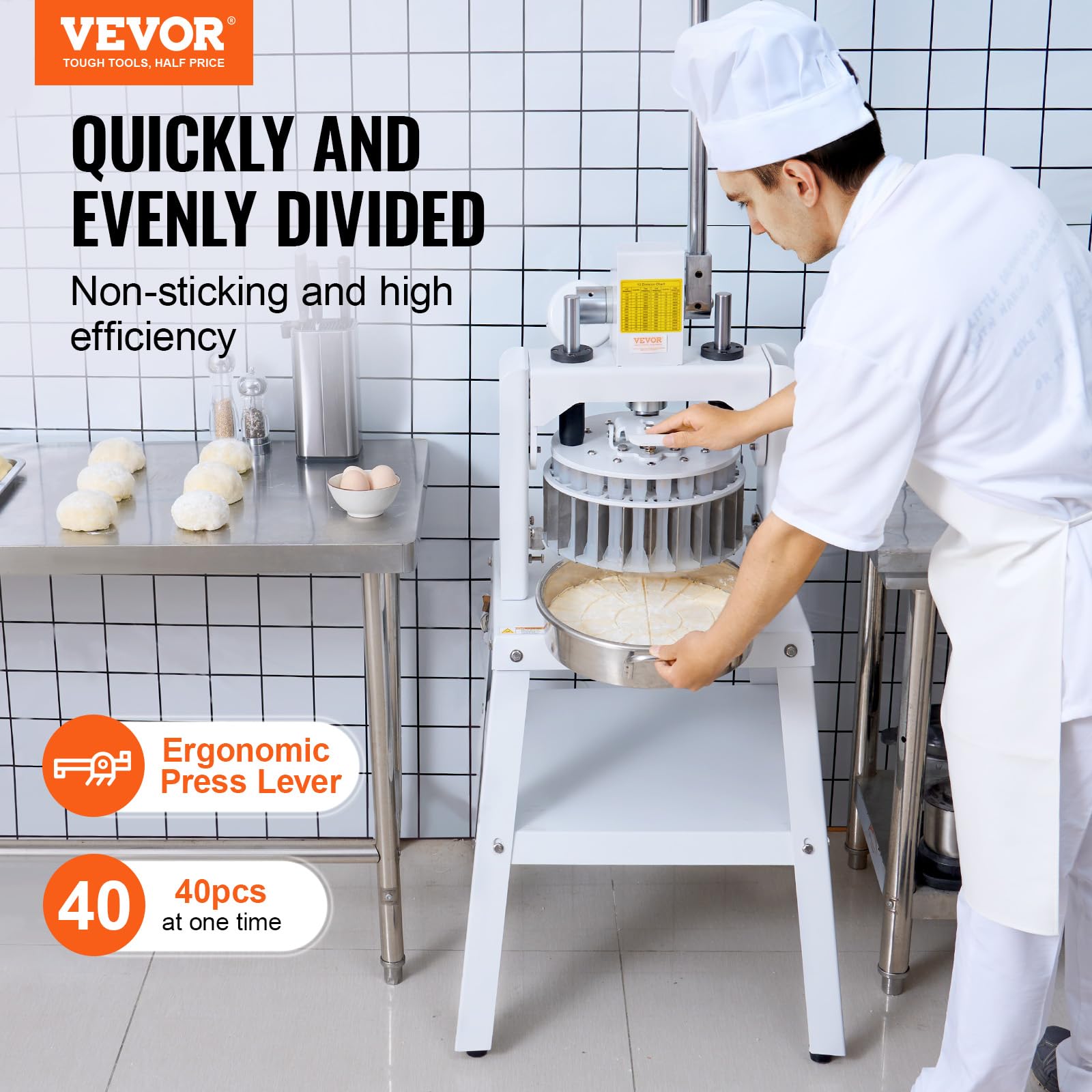 VEVOR 40PCS Manual Dough Divider Cutter with 304 Stainless Steel Tray - Adjustable 1.06oz to 4.94oz Dough Press for Bakery, Restaurant & Commercial Food Preparation | Perfect for Bread, Pastry, Pizza Dough Cutting & Portioning