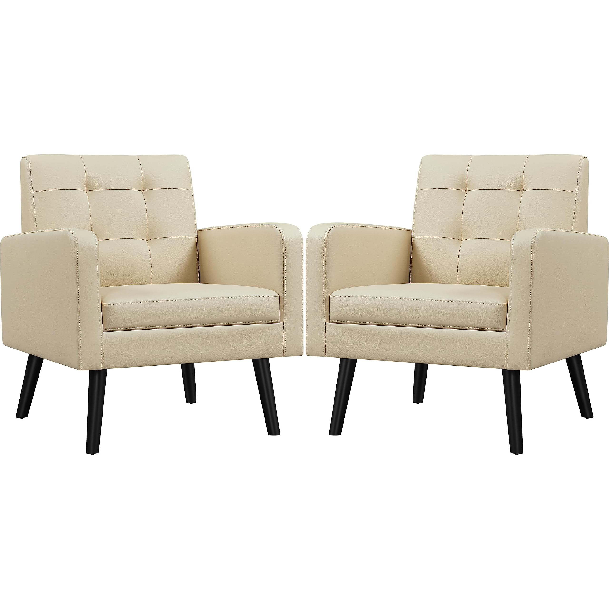 Yaheetech Mid-Century Modern Accent Chairs Set of 2 - PU Leather Upholstered Living Room Armchairs with Button Tufted Back & Wooden Legs, Cozy Lounge Chairs for Bedroom, Office, Cafe - Beige Home Decor for Living Spaces & Commercial Settings