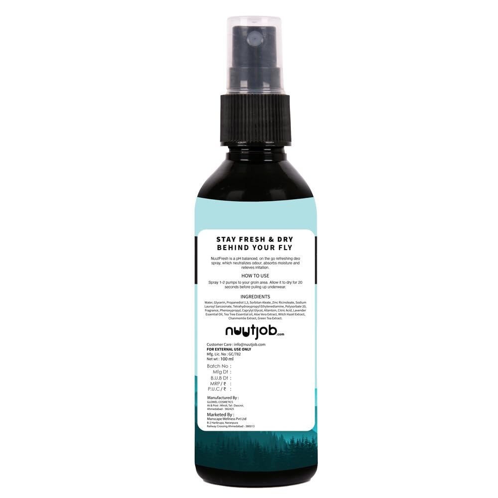 Nuutjob NuutFresh Intimate Deodorant Spray for Men 100ml - Anti Itch & Odor Control, Tea Tree & Witch Hazel Formula, Alcohol & Paraben Free - Ideal for Active Lifestyles, Gym & Daily Comfort