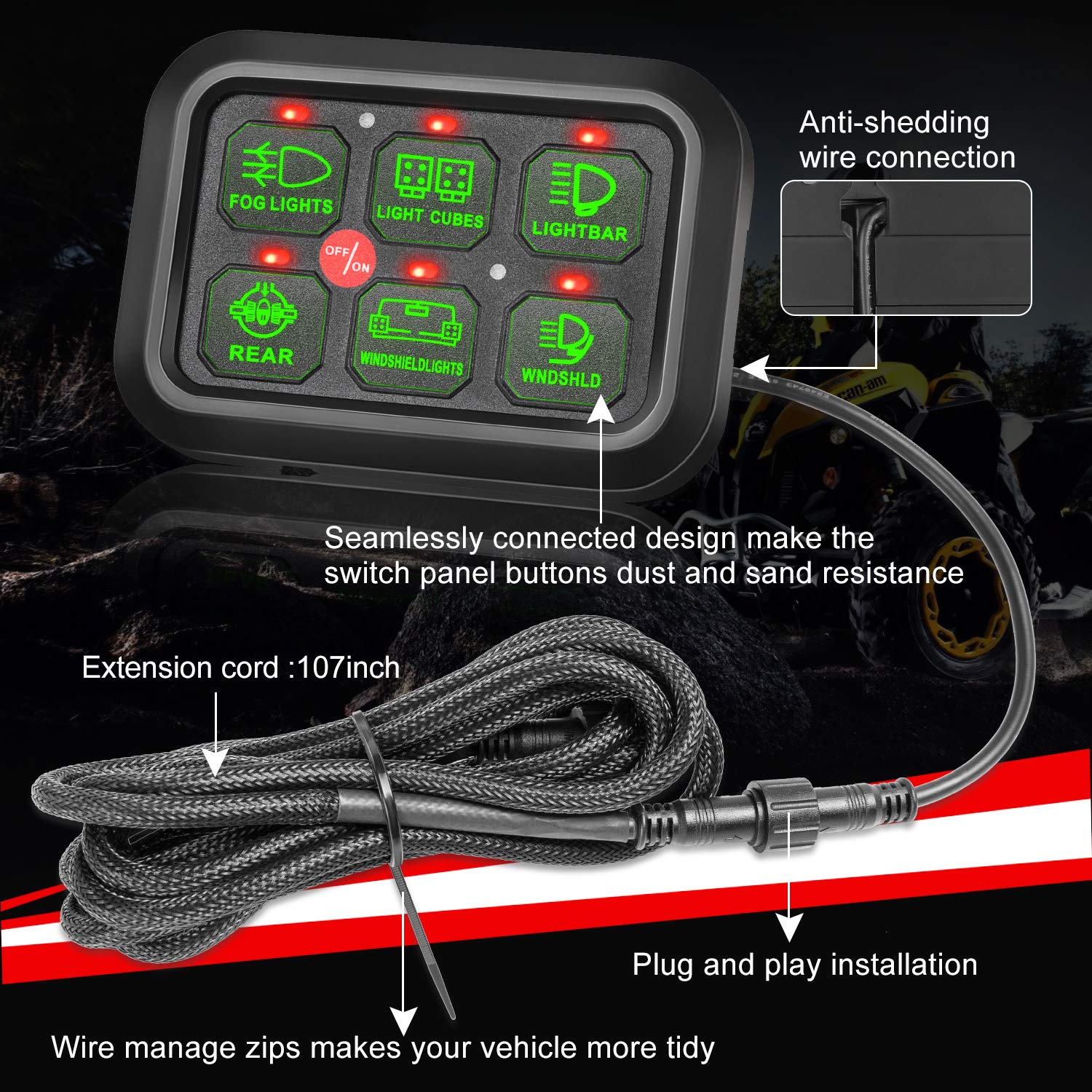6 Gang Switch Panel with Auto Power Plus - Universal Dimmable Touch Control Box with Relay System & Harness Label Sticker for Car, Marine, Boat, ATV, UTV, Truck - Perfect for Off-Road Adventures & Night Driving