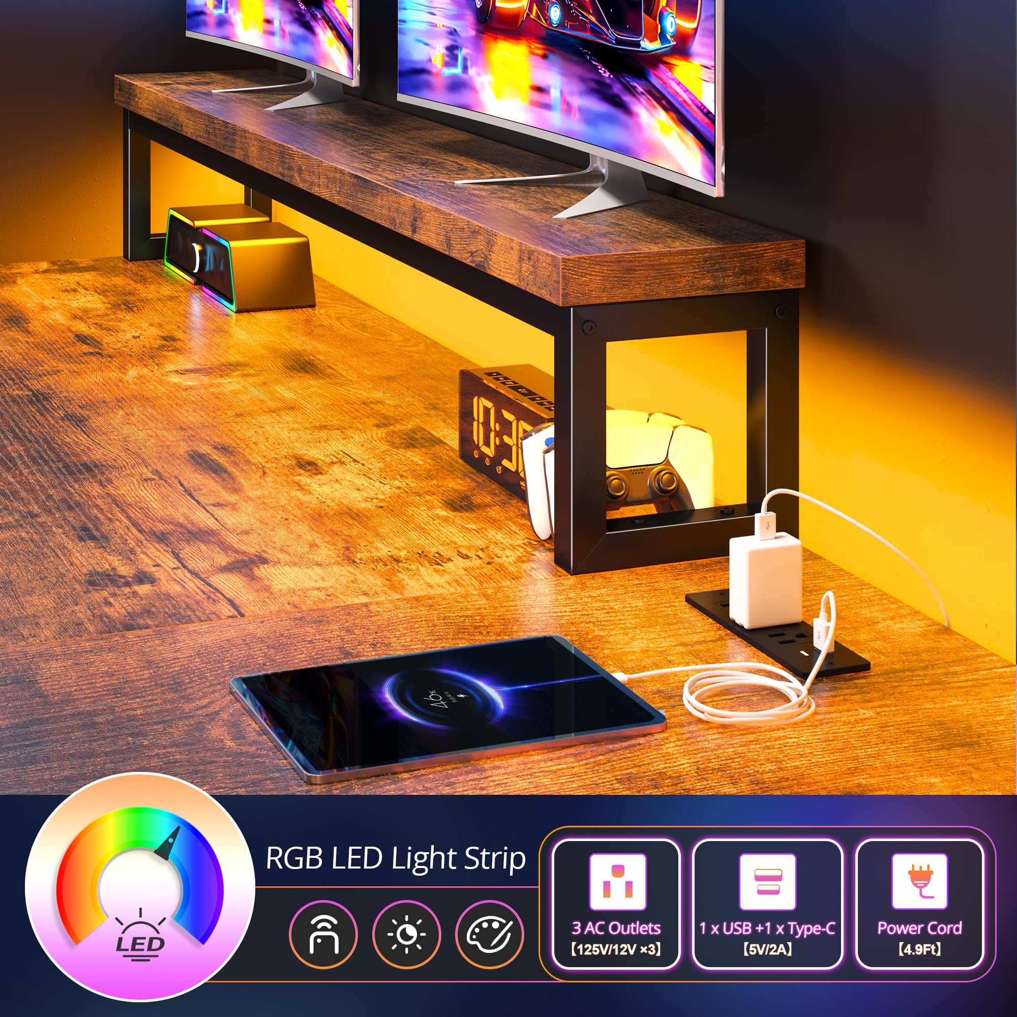 EnHomee 48-Inch L-Shaped Gaming Desk with LED Lights & Power Outlet - Reversible Corner Computer Desk with Drawers & Monitor Stand - Perfect for Gaming Setup, Home Office, or Bedroom - Rustic Brown Finish