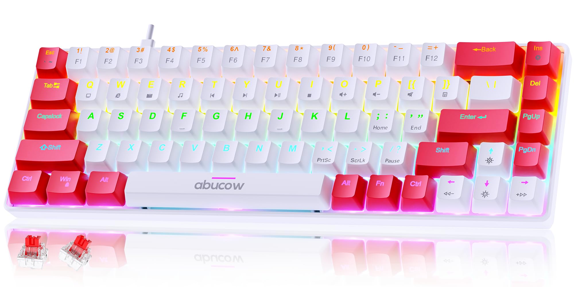Abucow 60% Mechanical Gaming Keyboard - 68 Keys with RGB Backlight, Red Switches & White/Red Keycaps - Compact Wired Keyboard for PC/Mac - Perfect for Typing, Gaming, and Office Work (White-Red)