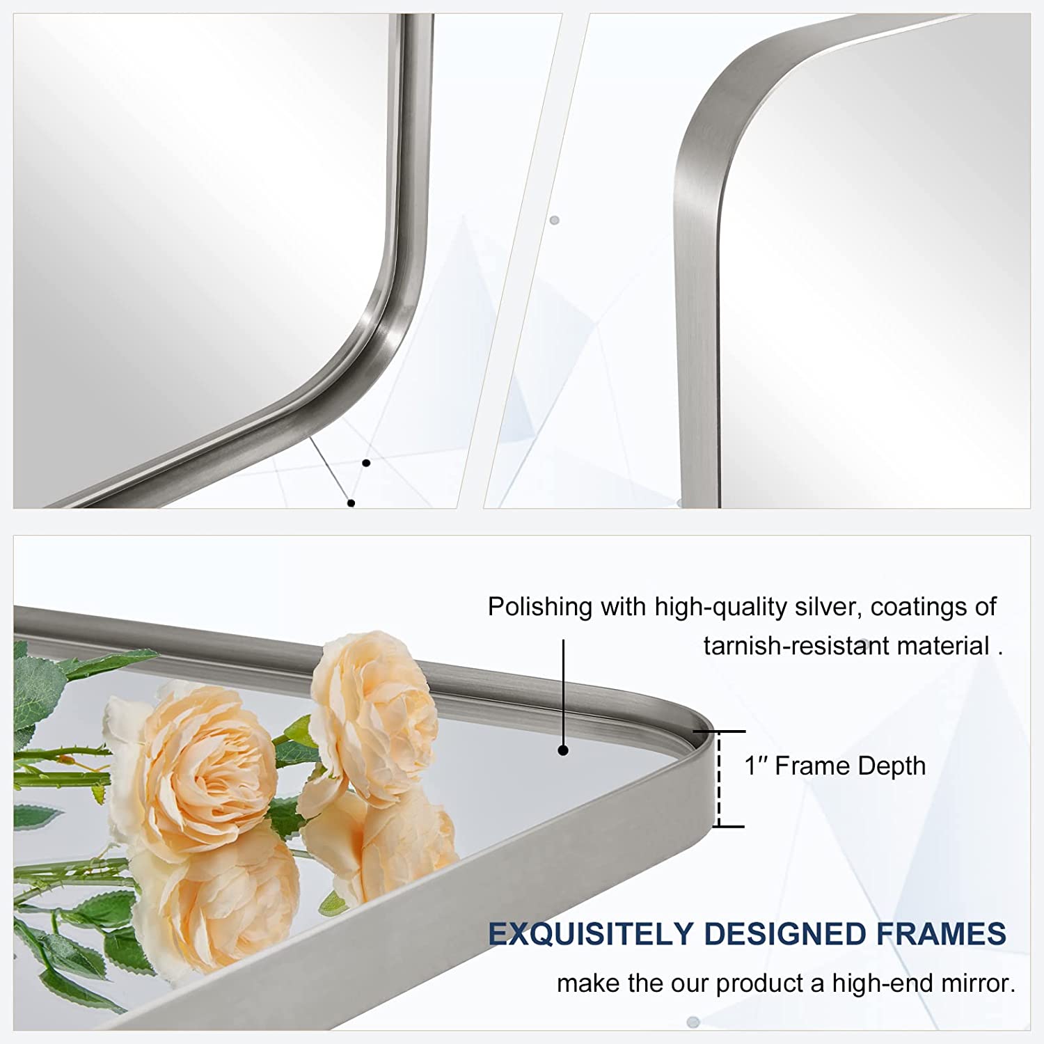 Modern Rounded Rectangle Bathroom Mirror with Stainless Steel Frame - Perfect for Vanity, Wall Decor & Home Decoration
