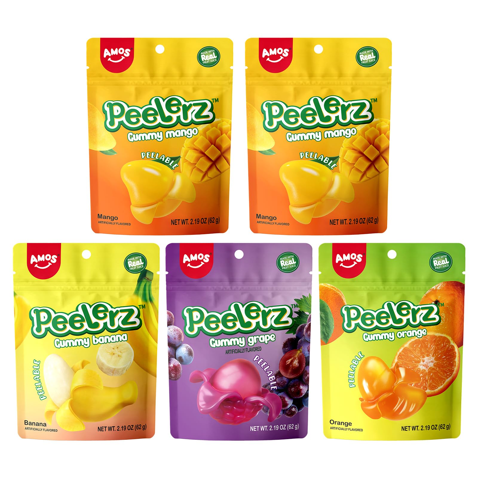AMOS Peelerz Gummy Variety Pack - 5 Pack Assorted Fruit Flavors (Mango, Grape, Orange, Banana) | Peelable Candy for Kids & Adults | Perfect for Birthday Parties, Halloween Treats & Snack Time