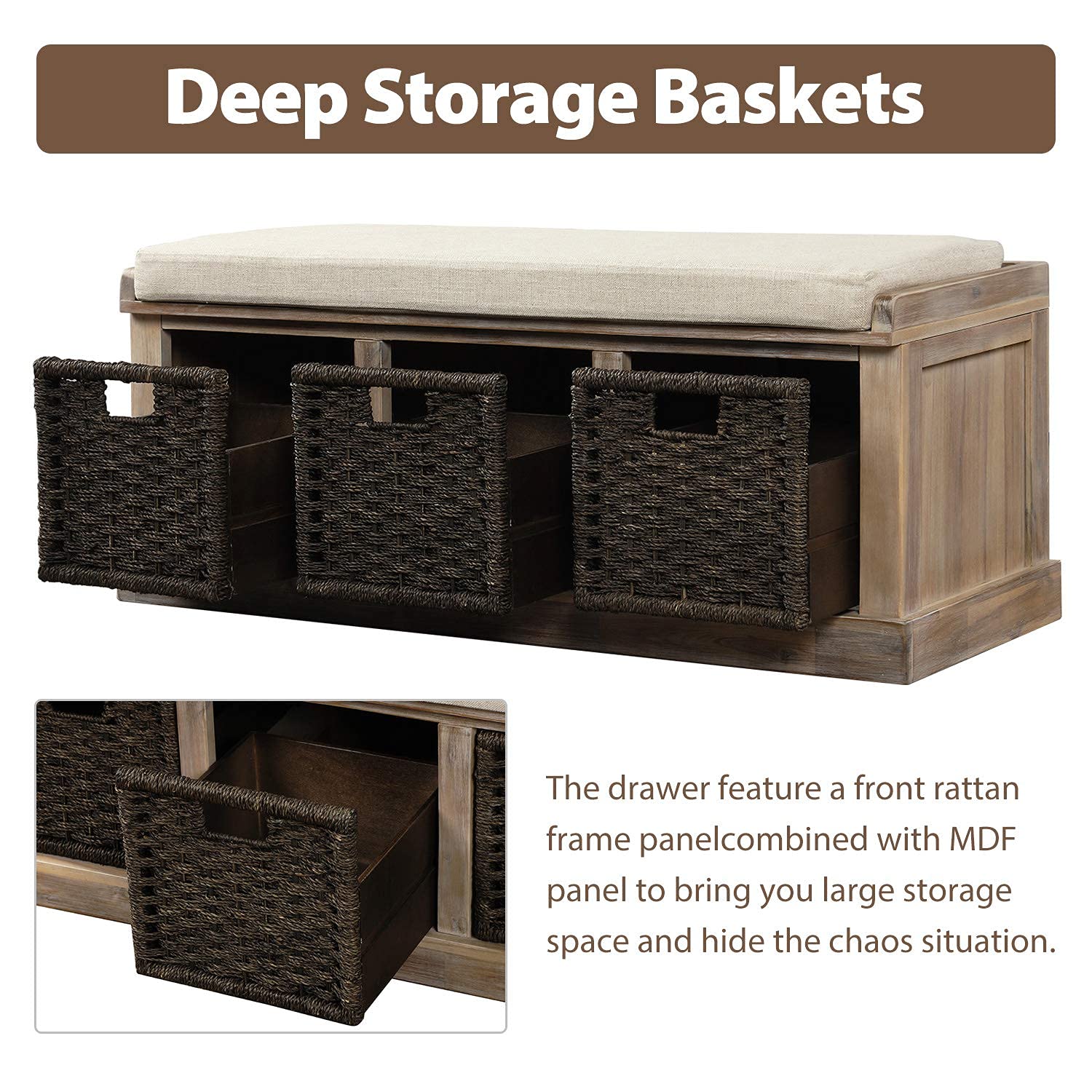 P PURLOVE Rustic Entryway Storage Bench with 3 Removable Baskets & Cushion - Fully Assembled Shoe Bench for Hallway, Living Room & Bedroom Organization | Perfect for Entry Storage, Shoe Rack & Seating Solution
