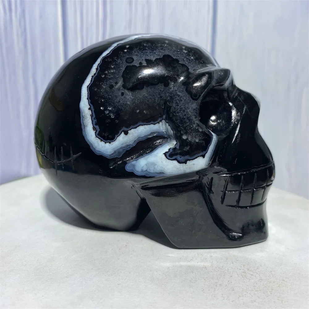 1002g Natural Black Onyx Crystal Agate Skull Raw Stone Quartz Handmade Sculpture - Spiritual Meditation, Reiki Healing, Home Decor & Unique Gift for Collectors
