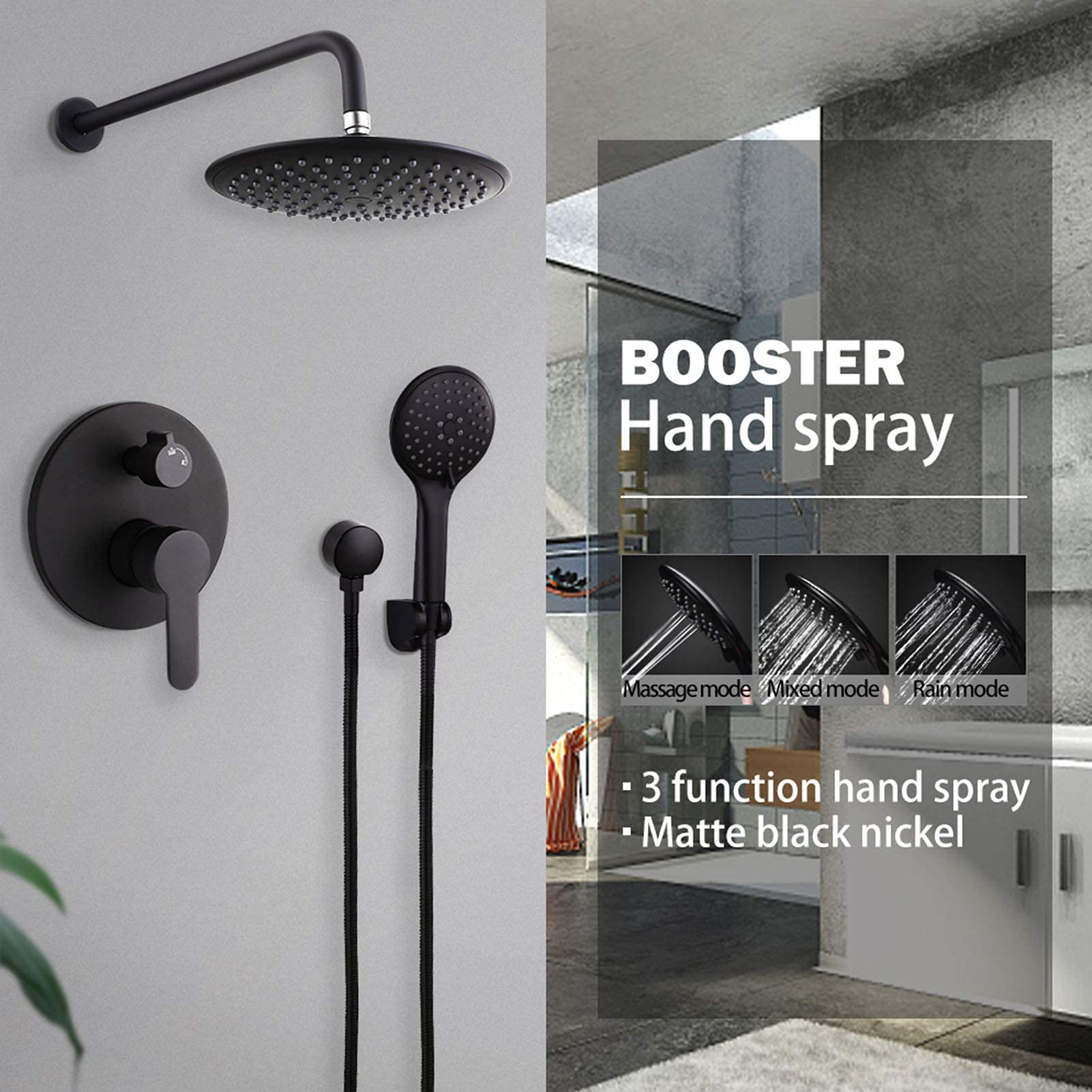 CHLDDHC Black Rain Shower System - 10 Inch Rainfall Shower Head with 3 Spray Modes & Concealed Mixer Valve, Wall Mounted Bathroom Faucet Set for Luxury Spa Experience at Home