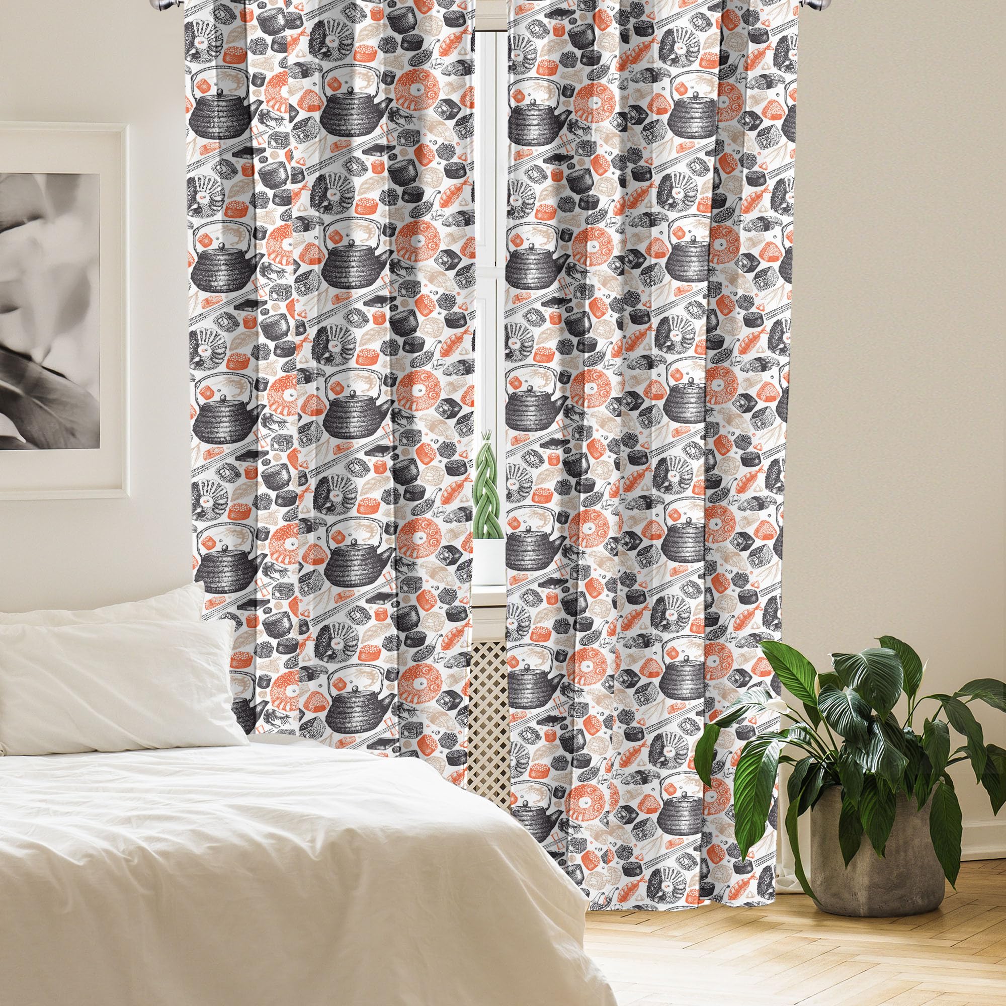 Ambesonne Sushi Curtains - Black Salmon Beige, 28x63 Inch for Kitchen & Dining