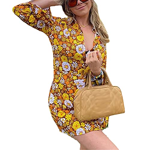 Y2K Floral Print Women's Button Down Shirt Dress - Long Sleeve Mini Boho Bodycon Dress for E-Girl Clubwear | Perfect for Night Out, Music Festival & Retro Fashion