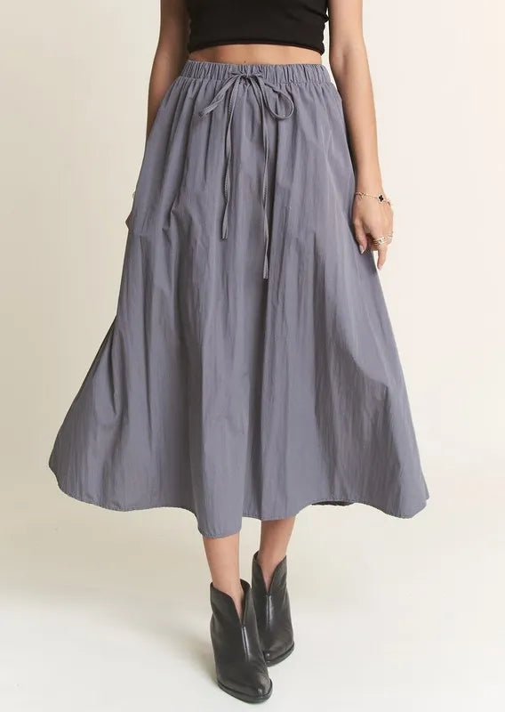Drawstring Waist Crinkle Skirt - Women's Stretchy High Waisted Flowy Midi Skirt for Summer, Beach, and Casual Wear