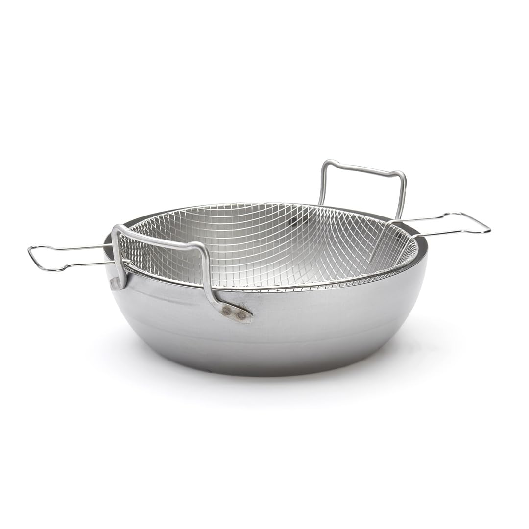 De Buyer 5050.36 Professional 36cm Carbon Steel Deep Fryer Pan - Lyonnaise Style Round White Iron Skillet for Perfect French Fries, Fried Chicken & Donuts | Restaurant Quality Home Cooking & Professional Kitchen Use