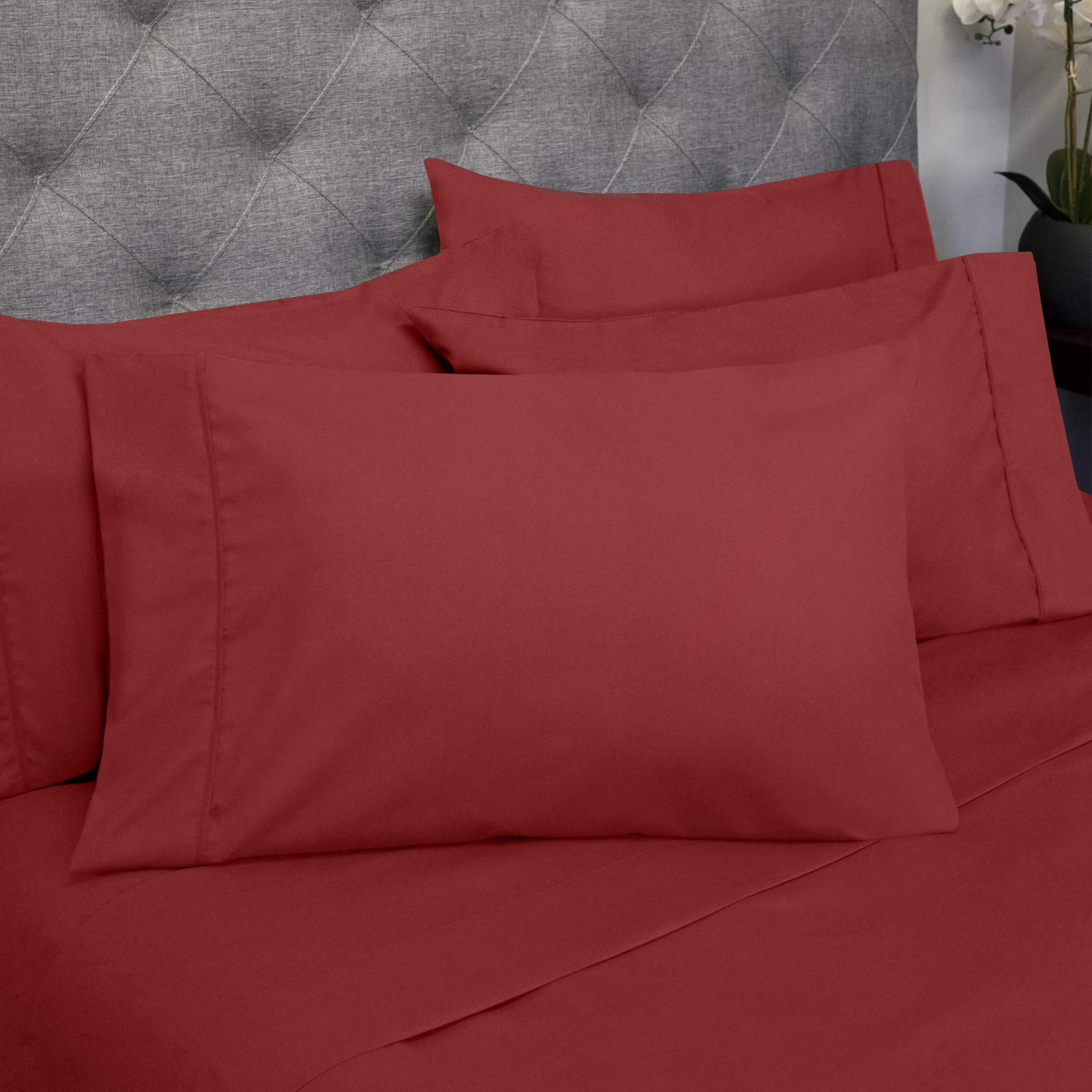 Premium 6-Piece 800 Thread Count Full XL Deep Pocket Sheet Set - 100% Long Staple Cotton, Ultra Soft & Breathable - Includes 2 Bonus Pillowcases (Burgundy) - Perfect for Guest Rooms, Dorms & Luxury Bedrooms