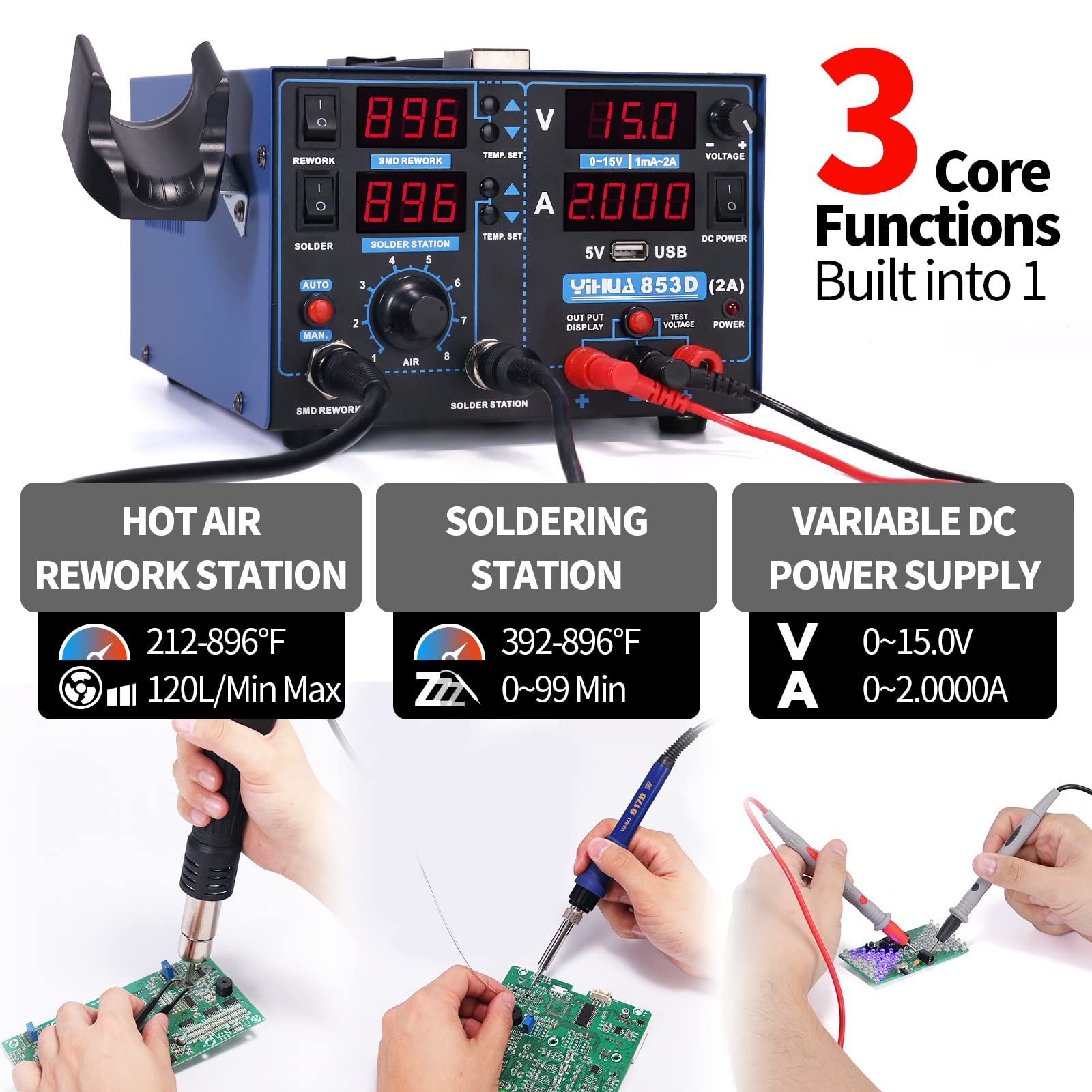 YIHUA 853D 2A USB Professional Soldering Station with Rework & Power Supply | Includes 928D-III High Power Soldering Iron, Cleaning Kit & Accessories | Perfect for Electronics Repair, DIY Projects & PCB Work