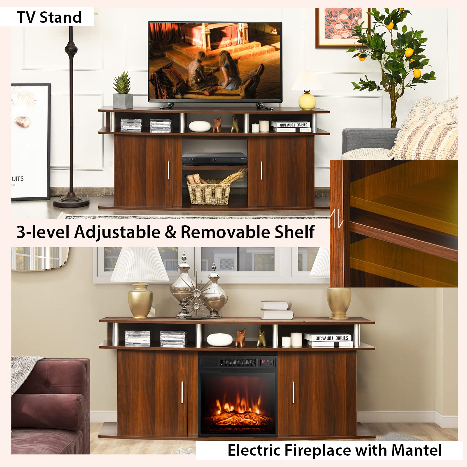 Tangkula 70 Inch Fireplace TV Stand with 18
